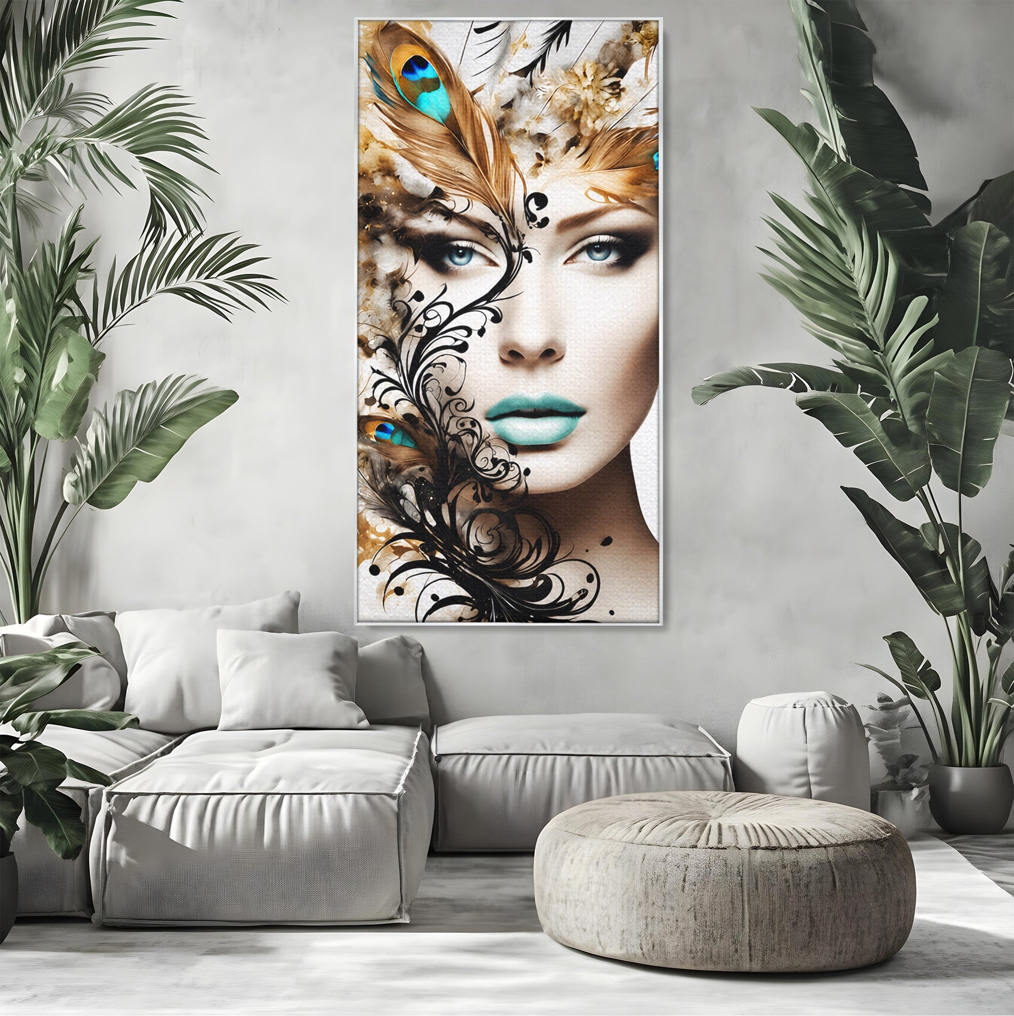 Tablou Canvas Premium LuxCanva® G1297, Femeie Cu Pene, Femeie, Portret, Arta Digitala, Pene, Dormitor, Eleganta, Culori Vibrante