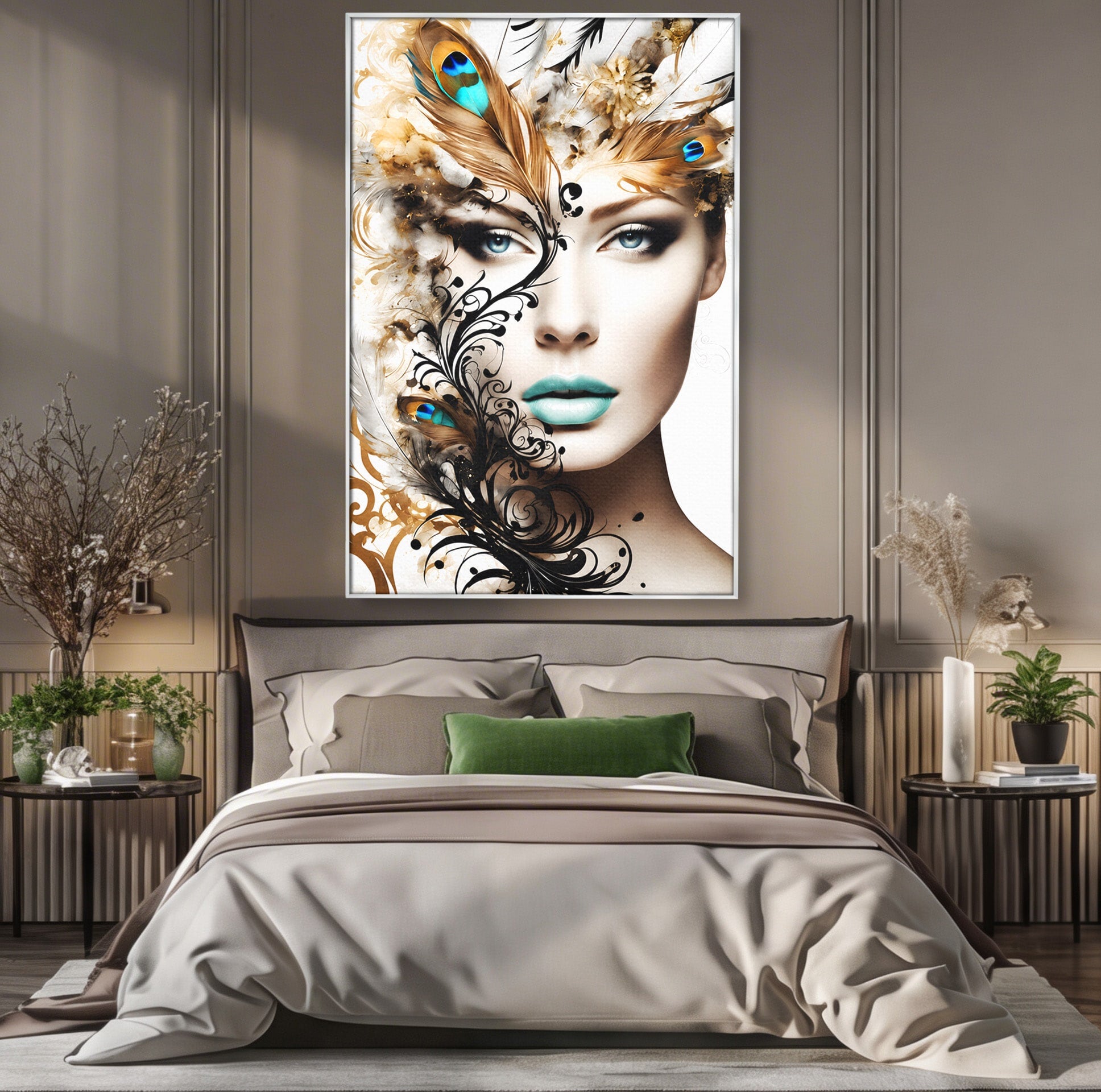Tablou Canvas Premium LuxCanva® G1297, Femeie Cu Pene, Femeie, Portret, Arta Digitala, Pene, Dormitor, Eleganta, Culori Vibrante