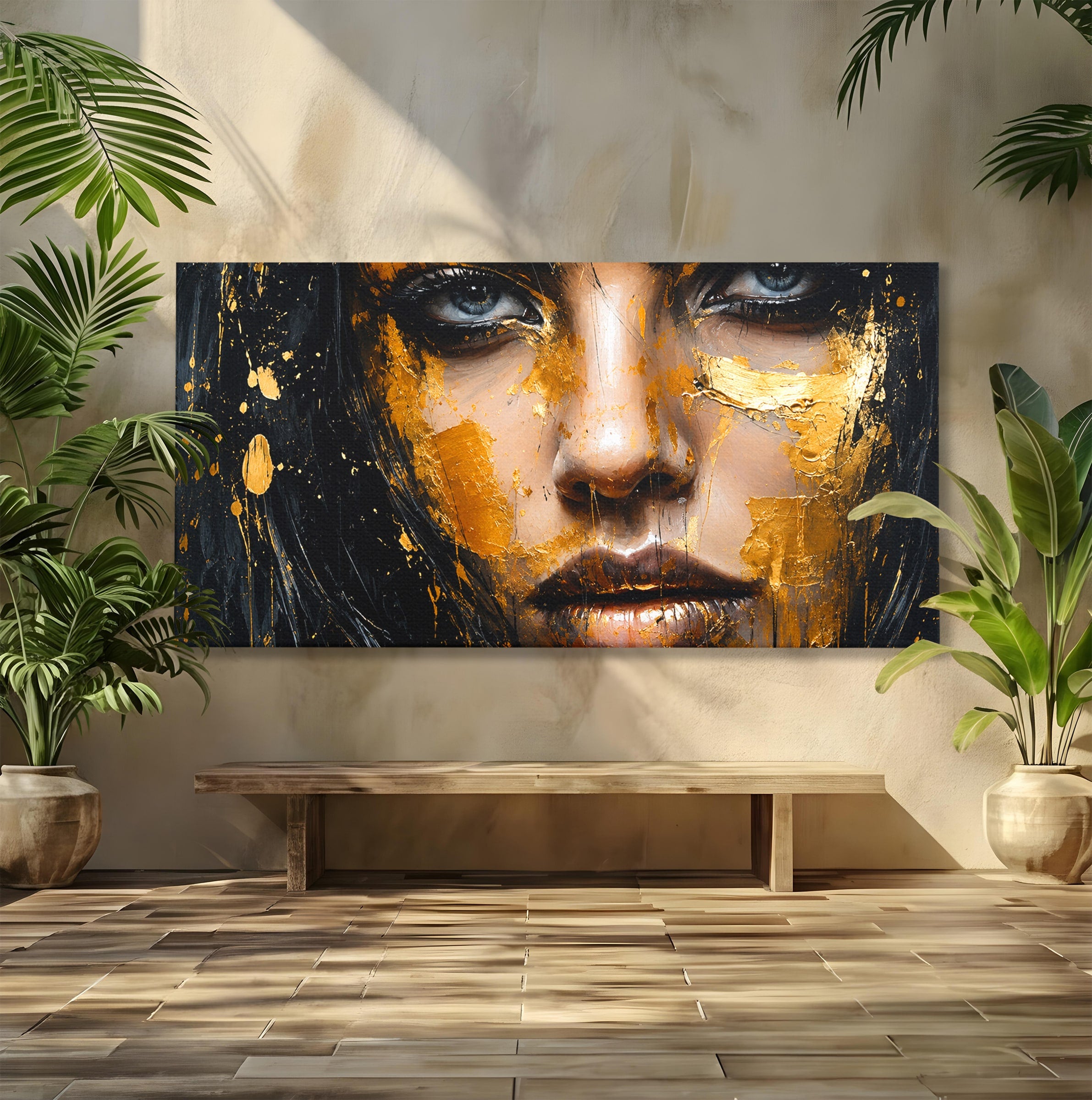 Tablou Canvas Premium LuxCanva® G1299, Portretul Aurit, Portret, Femeie, Arta Abstracta, Emotie, Dormitor, Culori Vibrante