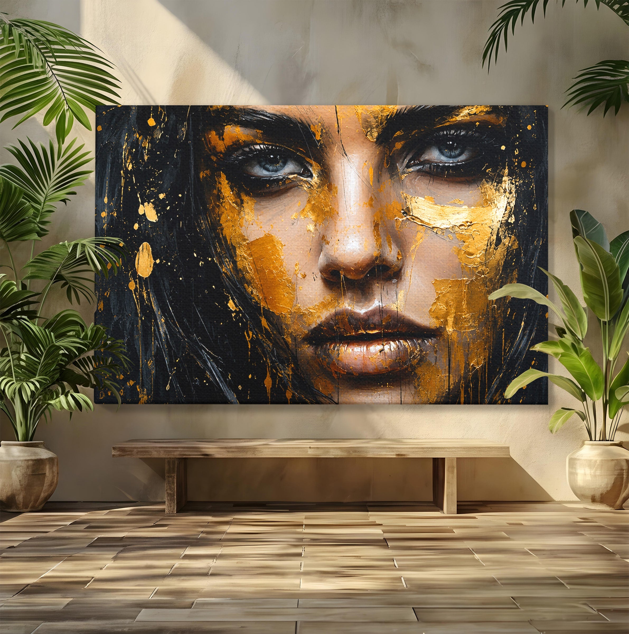 Tablou Canvas Premium LuxCanva® G1299, Portretul Aurit, Portret, Femeie, Arta Abstracta, Emotie, Dormitor, Culori Vibrante