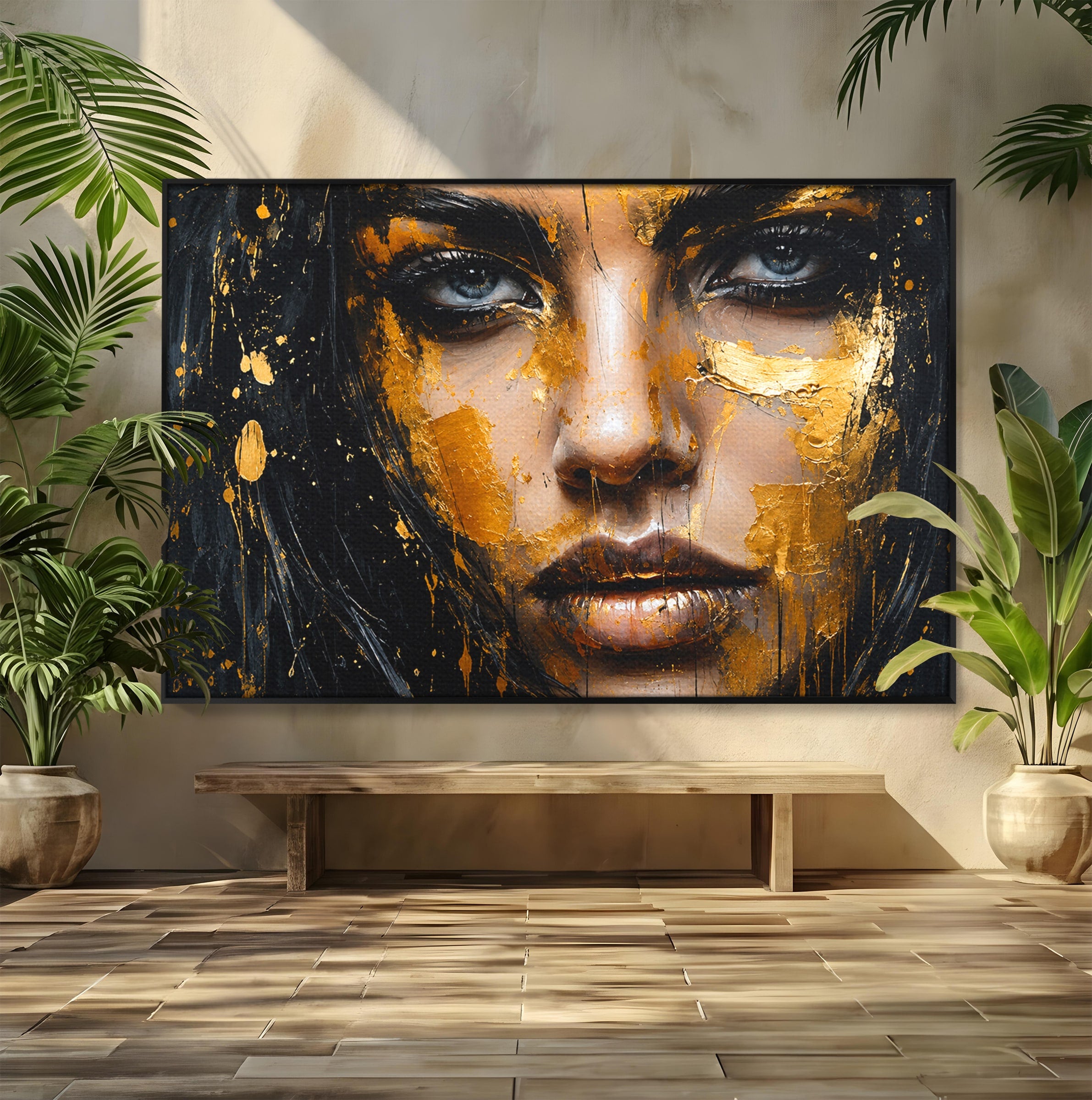 Tablou Canvas Premium LuxCanva® G1299, Portretul Aurit, Portret, Femeie, Arta Abstracta, Emotie, Dormitor, Culori Vibrante