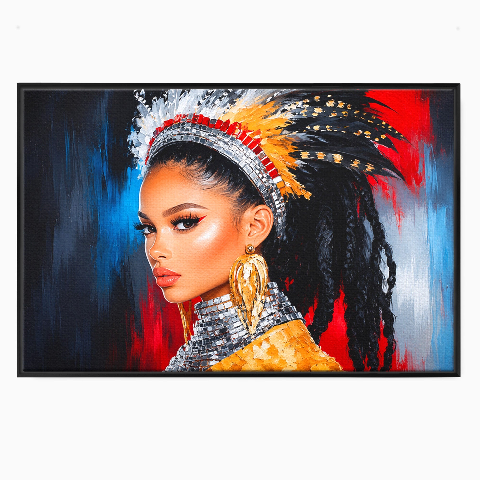 Tablou Canvas Premium LuxCanva® G1300, Femeie Cu Pene Colorate, Femeie, Portret, Pene, Exotic, Living, Culori Vibrante