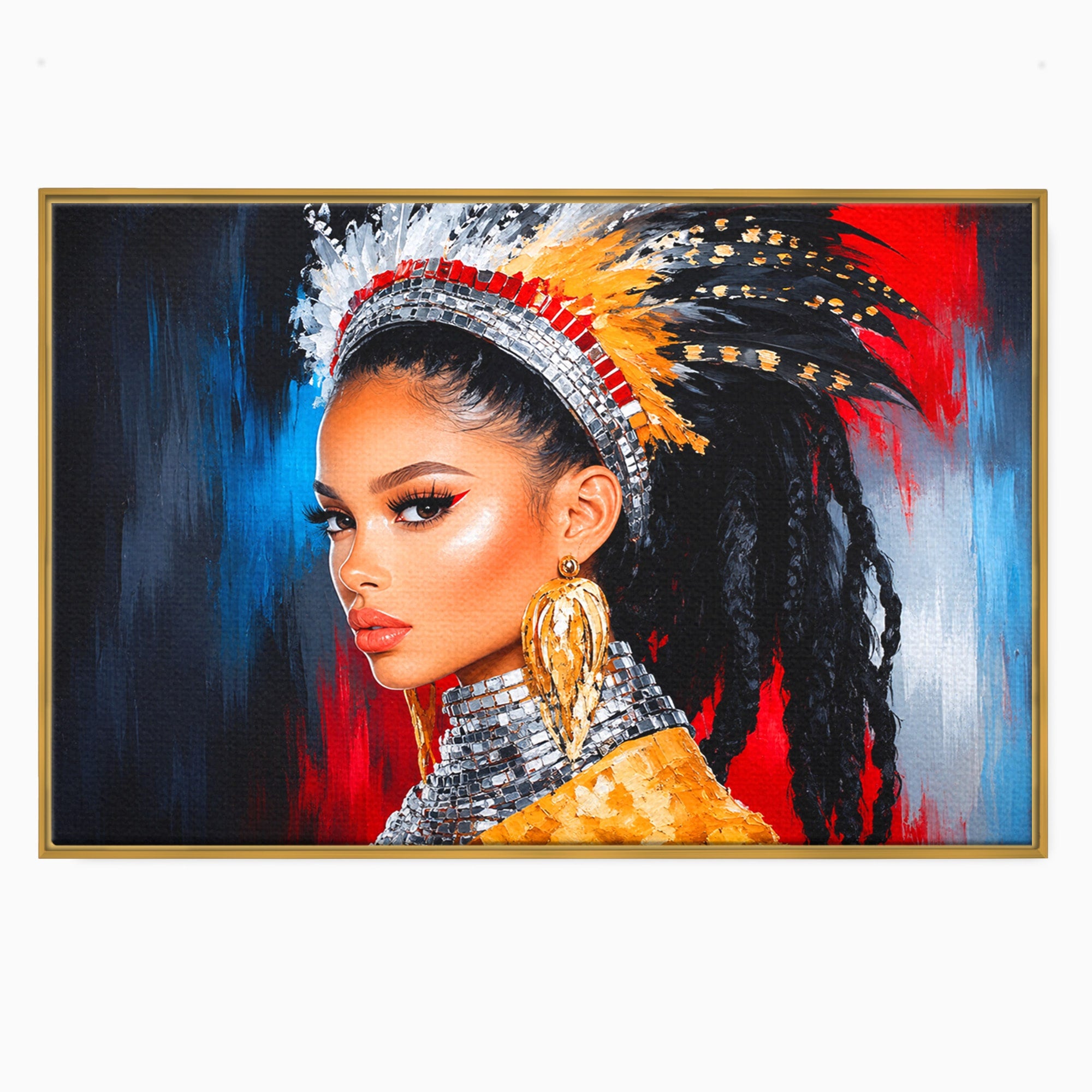 Tablou Canvas Premium LuxCanva® G1300, Femeie Cu Pene Colorate, Femeie, Portret, Pene, Exotic, Living, Culori Vibrante
