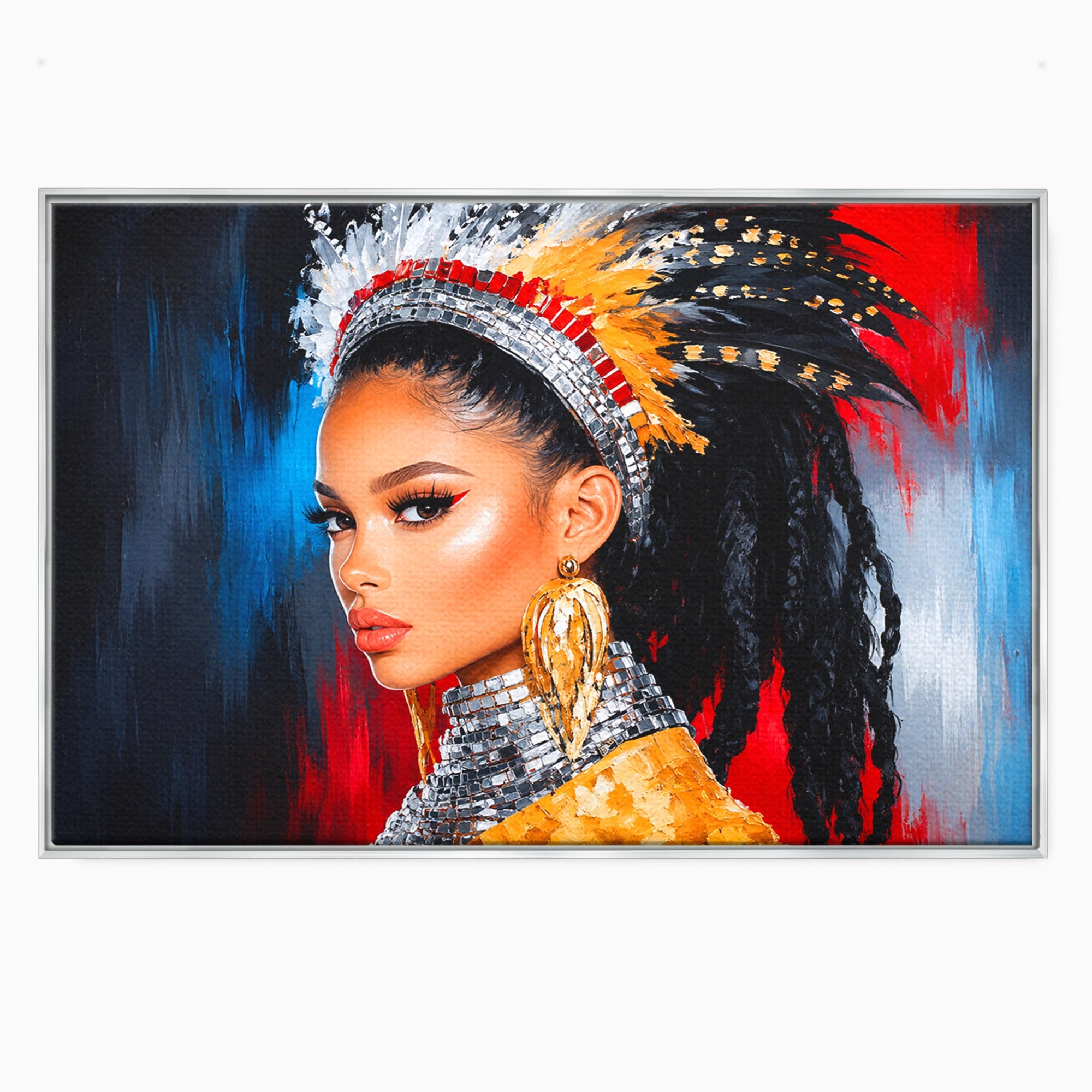 Tablou Canvas Premium LuxCanva® G1300, Femeie Cu Pene Colorate, Femeie, Portret, Pene, Exotic, Living, Culori Vibrante