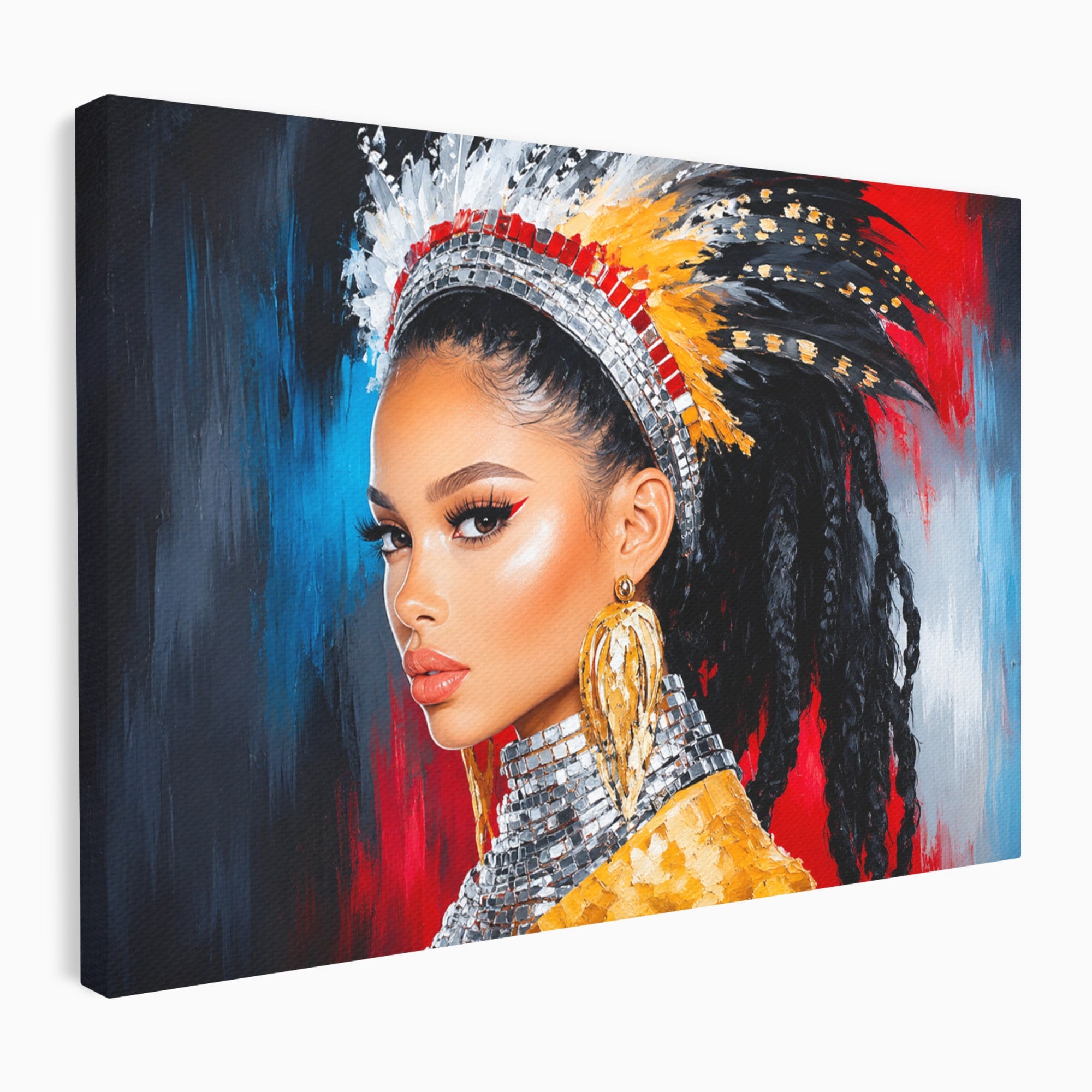 Tablou Canvas Premium LuxCanva® G1300, Femeie Cu Pene Colorate, Femeie, Portret, Pene, Exotic, Living, Culori Vibrante