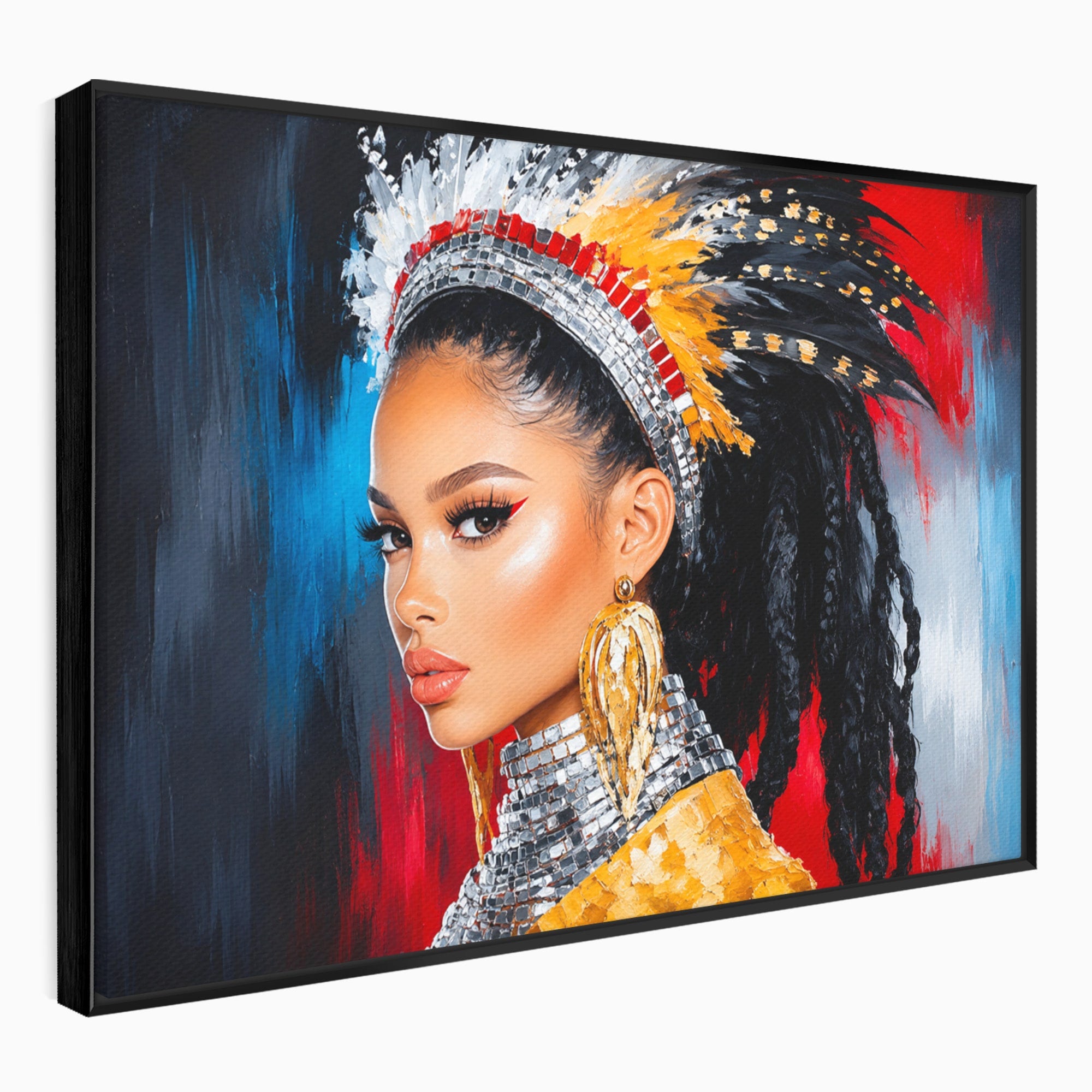 Tablou Canvas Premium LuxCanva® G1300, Femeie Cu Pene Colorate, Femeie, Portret, Pene, Exotic, Living, Culori Vibrante
