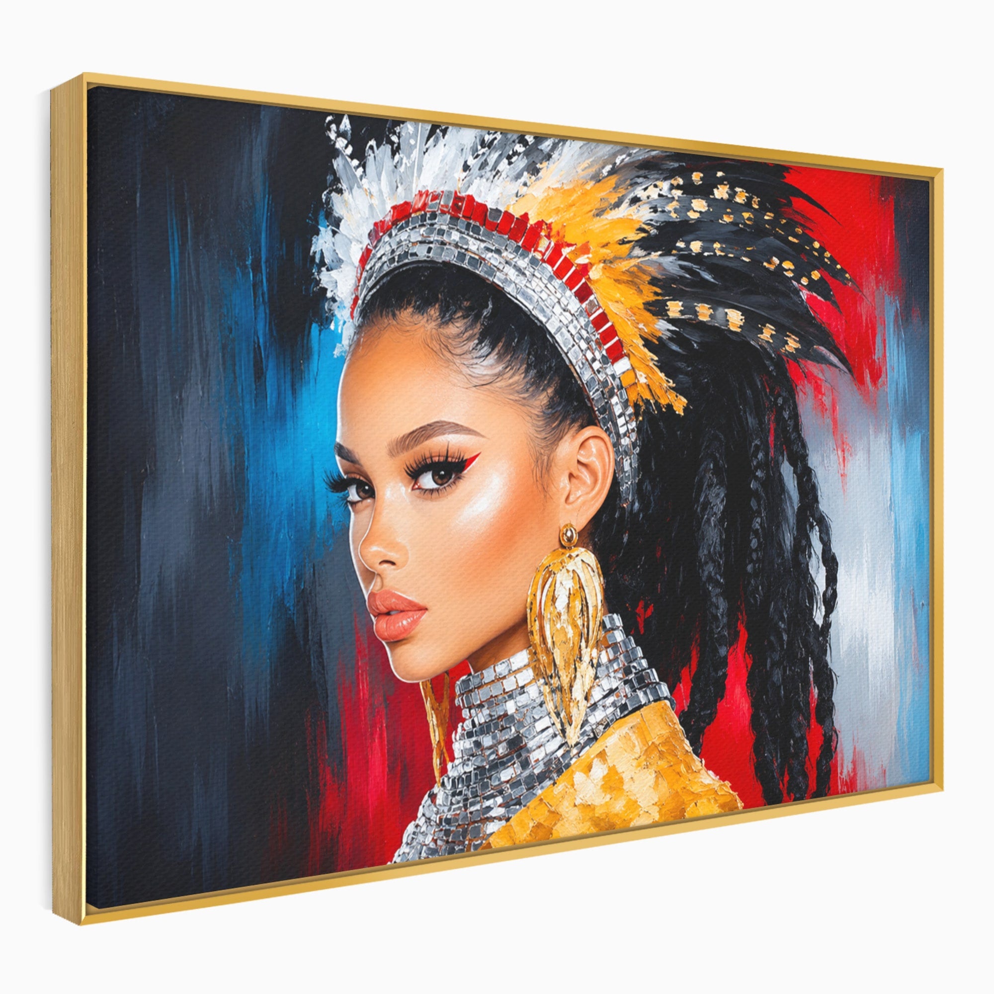 Tablou Canvas Premium LuxCanva® G1300, Femeie Cu Pene Colorate, Femeie, Portret, Pene, Exotic, Living, Culori Vibrante