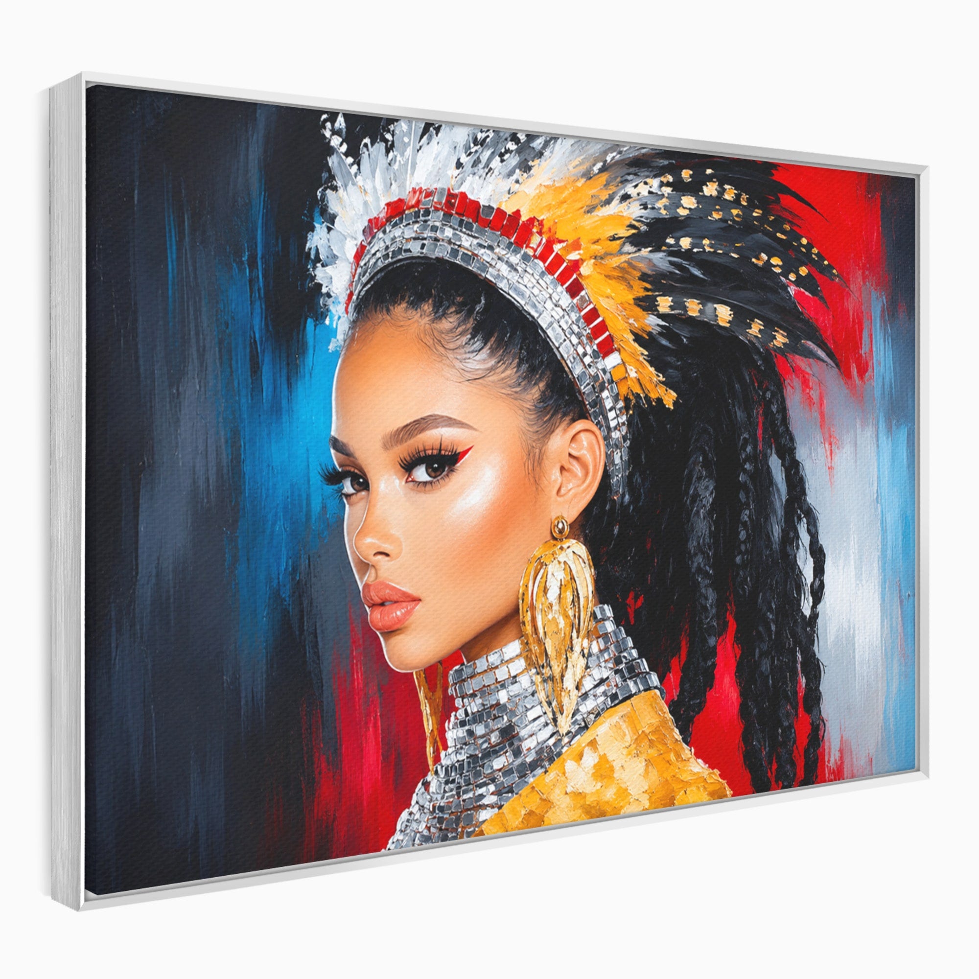 Tablou Canvas Premium LuxCanva® G1300, Femeie Cu Pene Colorate, Femeie, Portret, Pene, Exotic, Living, Culori Vibrante