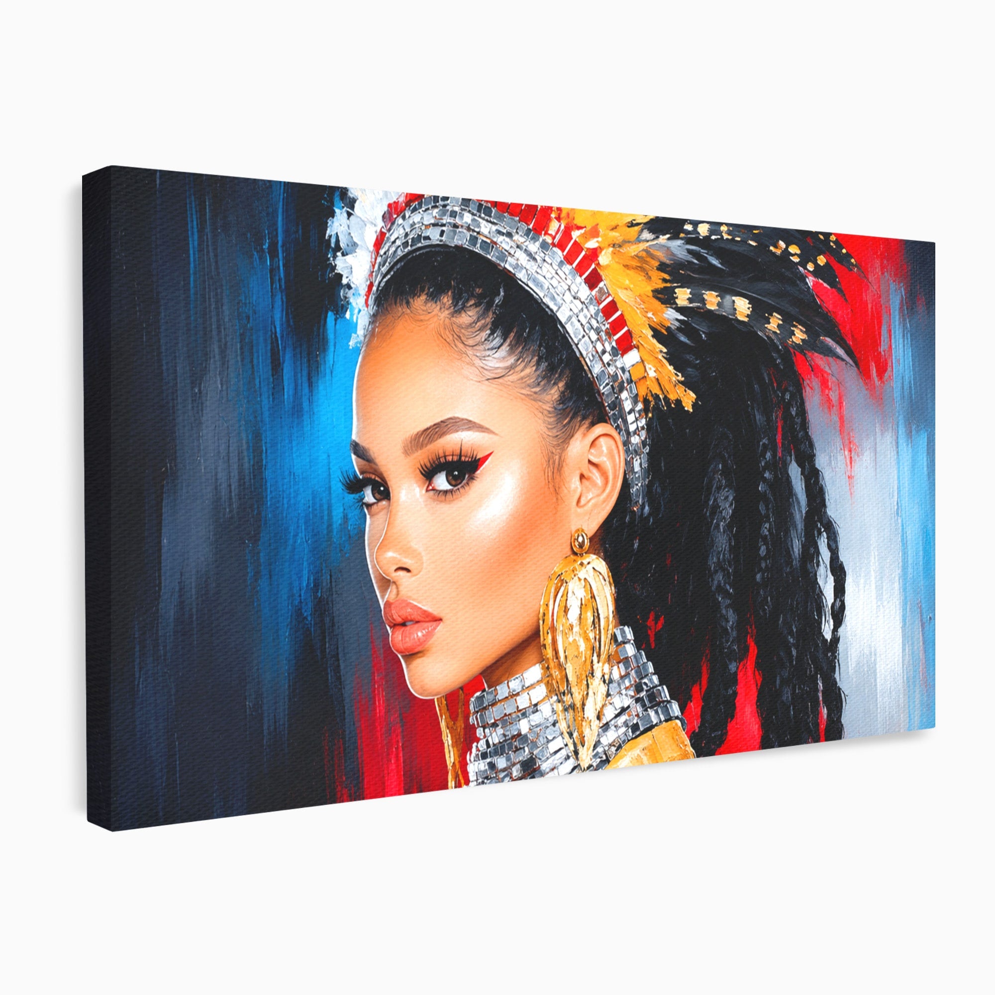 Tablou Canvas Premium LuxCanva® G1300, Femeie Cu Pene Colorate, Femeie, Portret, Pene, Exotic, Living, Culori Vibrante