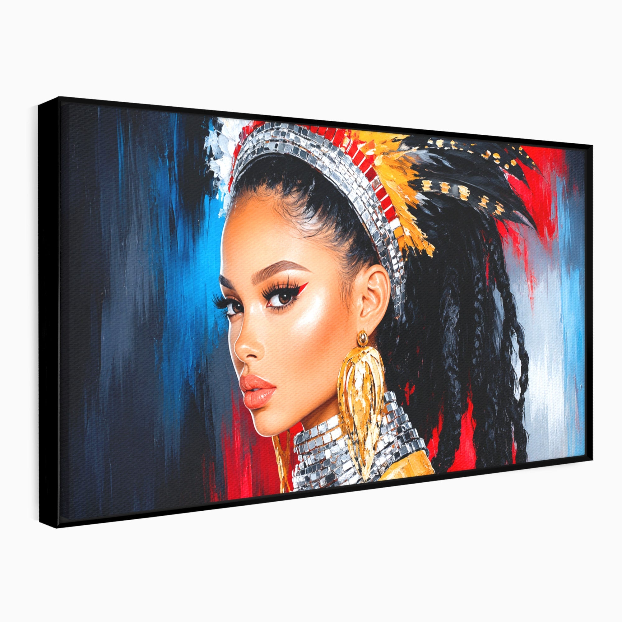 Tablou Canvas Premium LuxCanva® G1300, Femeie Cu Pene Colorate, Femeie, Portret, Pene, Exotic, Living, Culori Vibrante