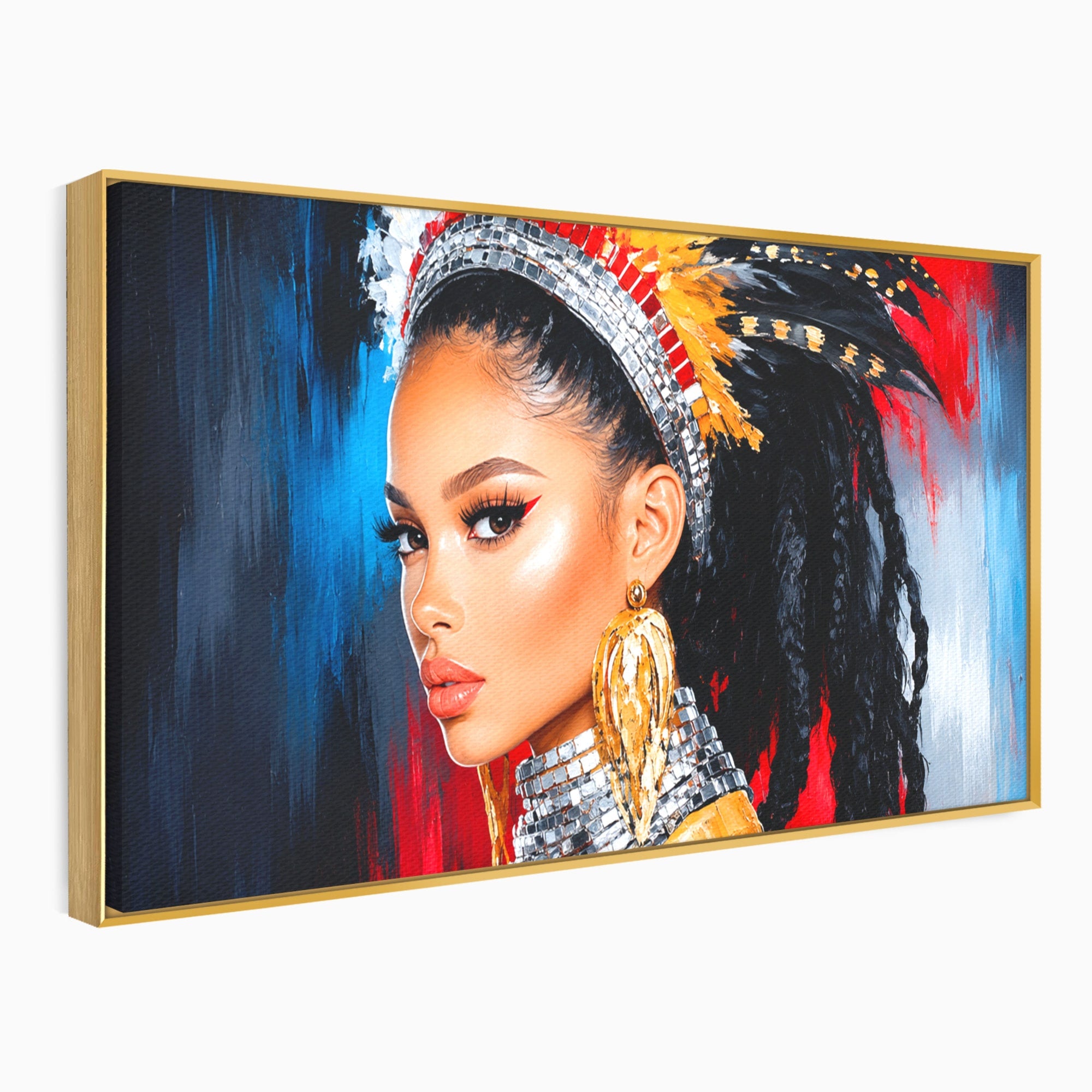 Tablou Canvas Premium LuxCanva® G1300, Femeie Cu Pene Colorate, Femeie, Portret, Pene, Exotic, Living, Culori Vibrante