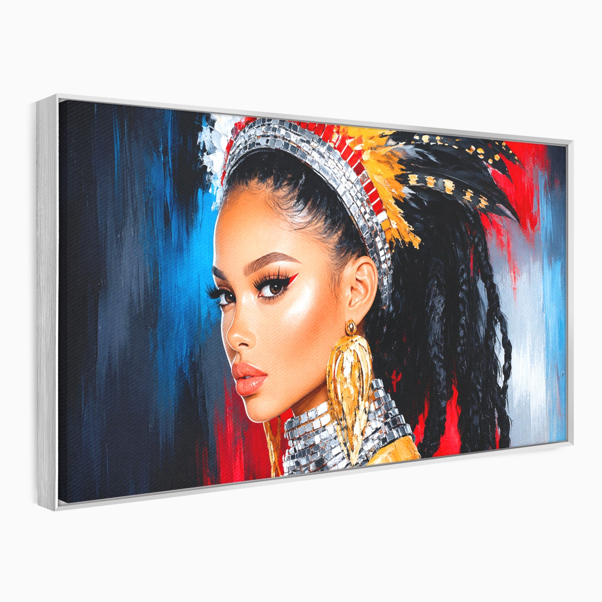 Tablou Canvas Premium LuxCanva® G1300, Femeie Cu Pene Colorate, Femeie, Portret, Pene, Exotic, Living, Culori Vibrante