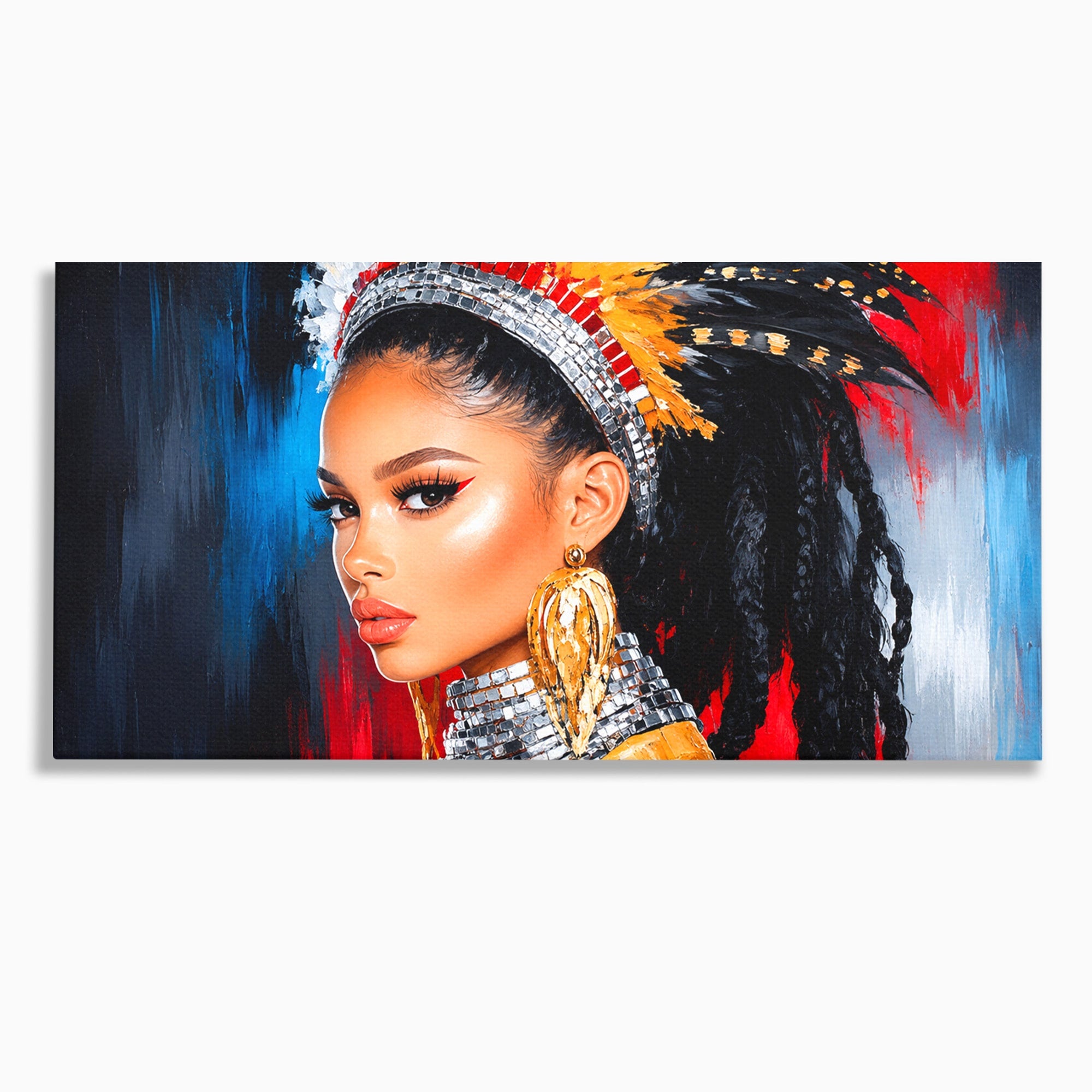Tablou Canvas Premium LuxCanva® G1300, Femeie Cu Pene Colorate, Femeie, Portret, Pene, Exotic, Living, Culori Vibrante