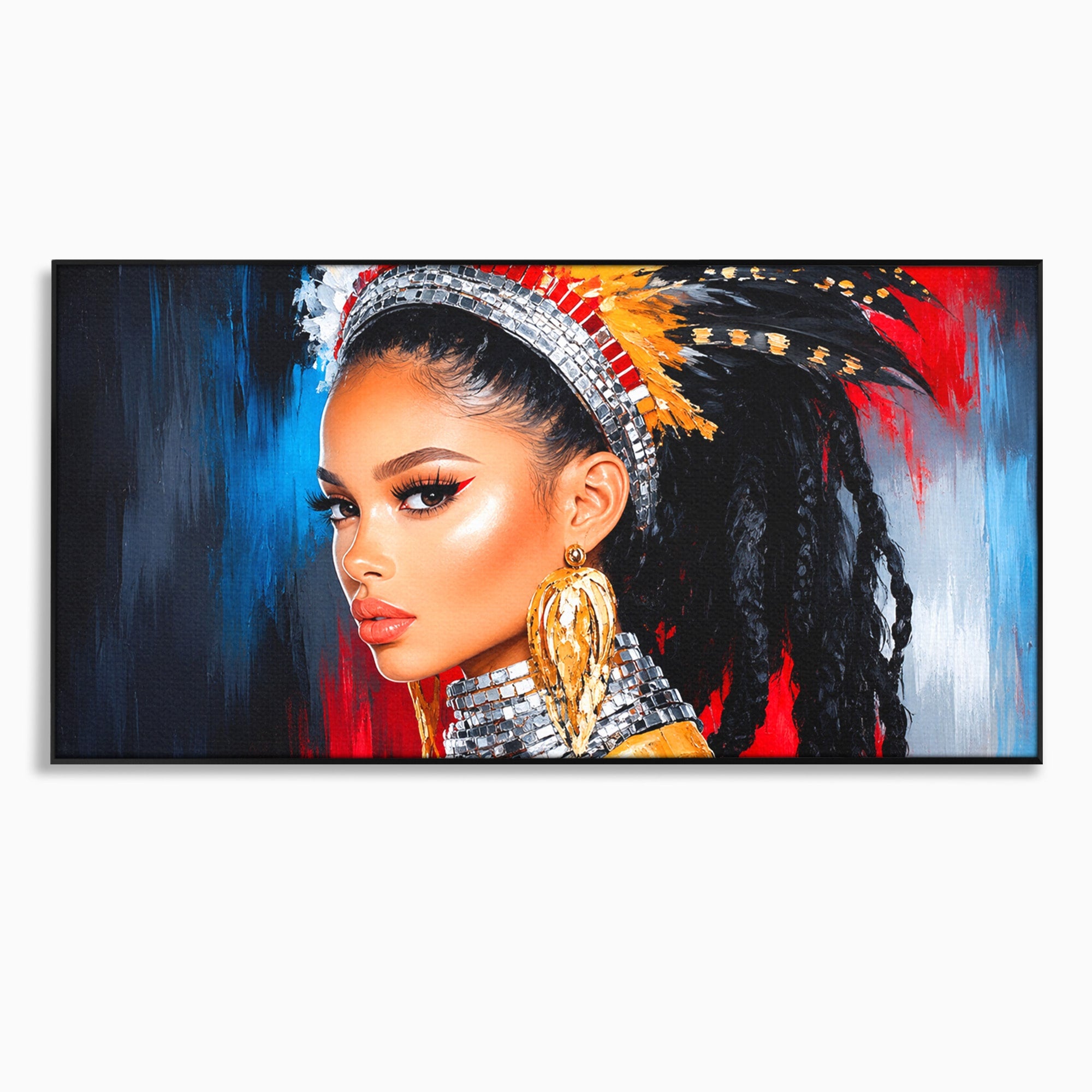 Tablou Canvas Premium LuxCanva® G1300, Femeie Cu Pene Colorate, Femeie, Portret, Pene, Exotic, Living, Culori Vibrante