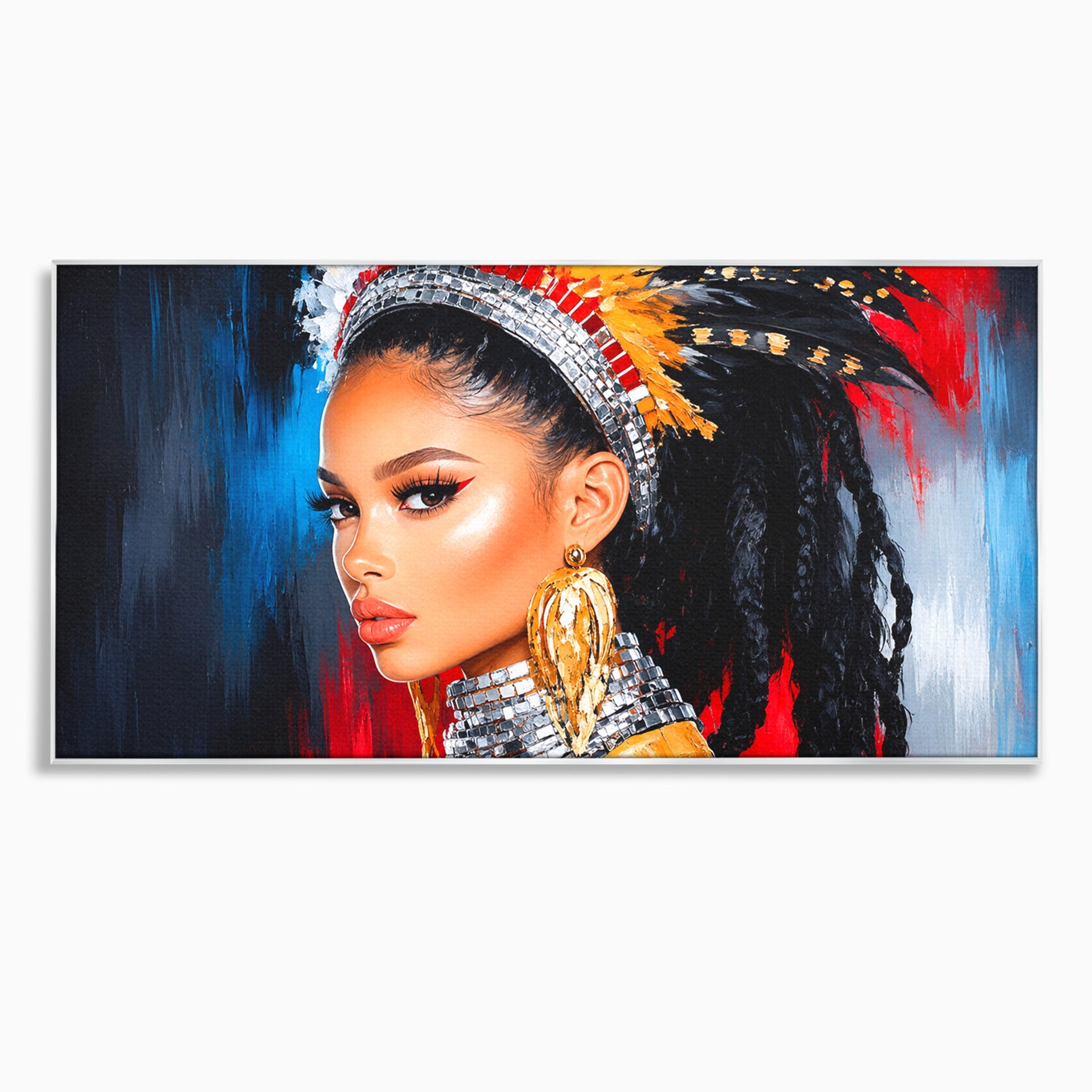 Tablou Canvas Premium LuxCanva® G1300, Femeie Cu Pene Colorate, Femeie, Portret, Pene, Exotic, Living, Culori Vibrante