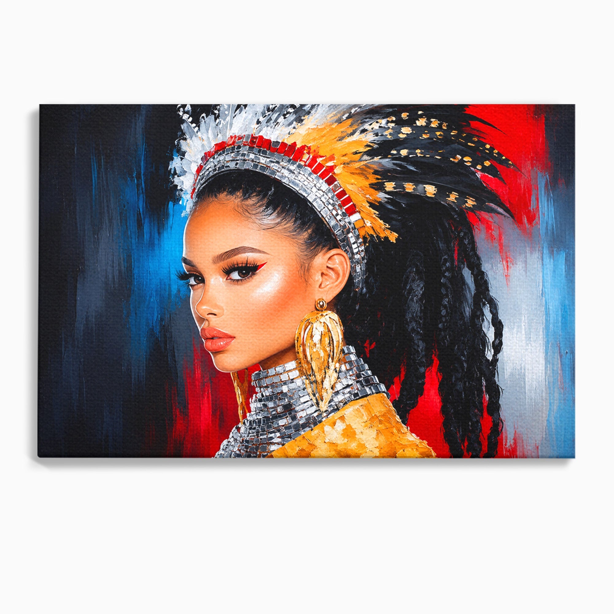 Tablou Canvas Premium LuxCanva® G1300, Femeie Cu Pene Colorate, Femeie, Portret, Pene, Exotic, Living, Culori Vibrante