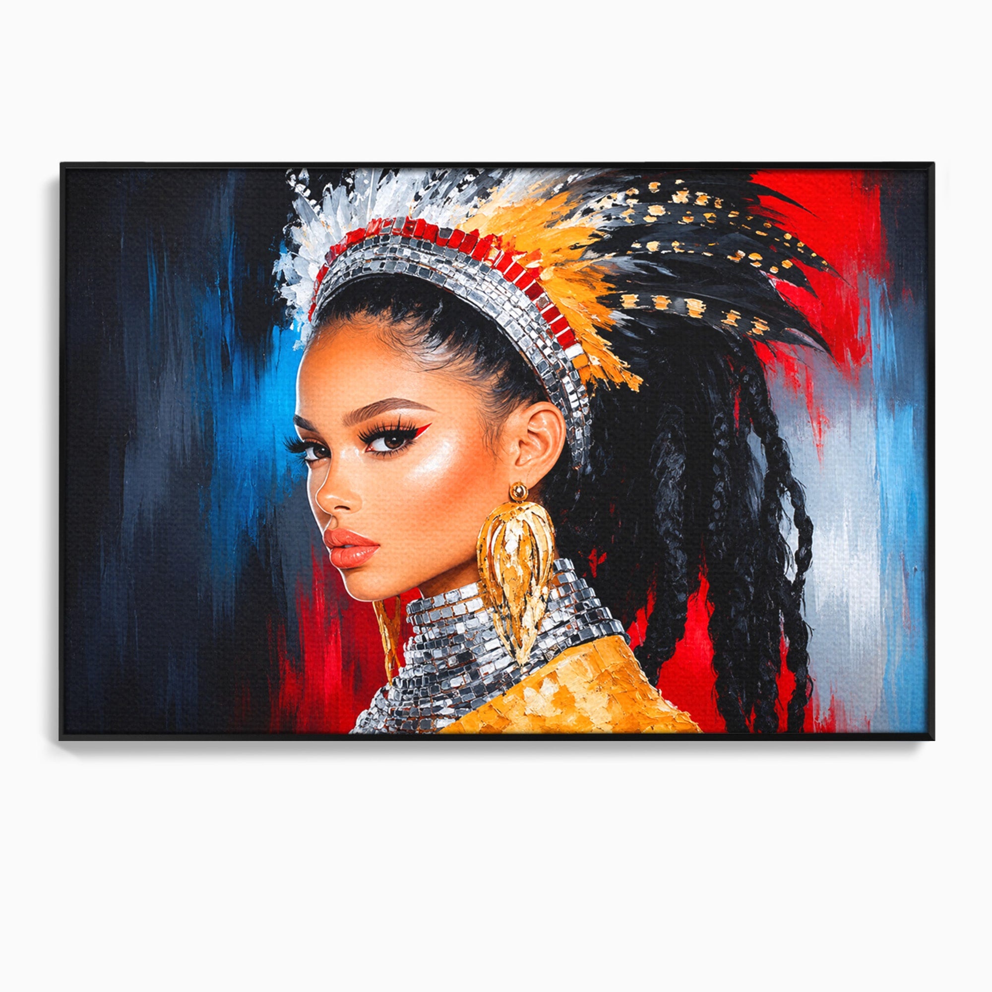 Tablou Canvas Premium LuxCanva® G1300, Femeie Cu Pene Colorate, Femeie, Portret, Pene, Exotic, Living, Culori Vibrante