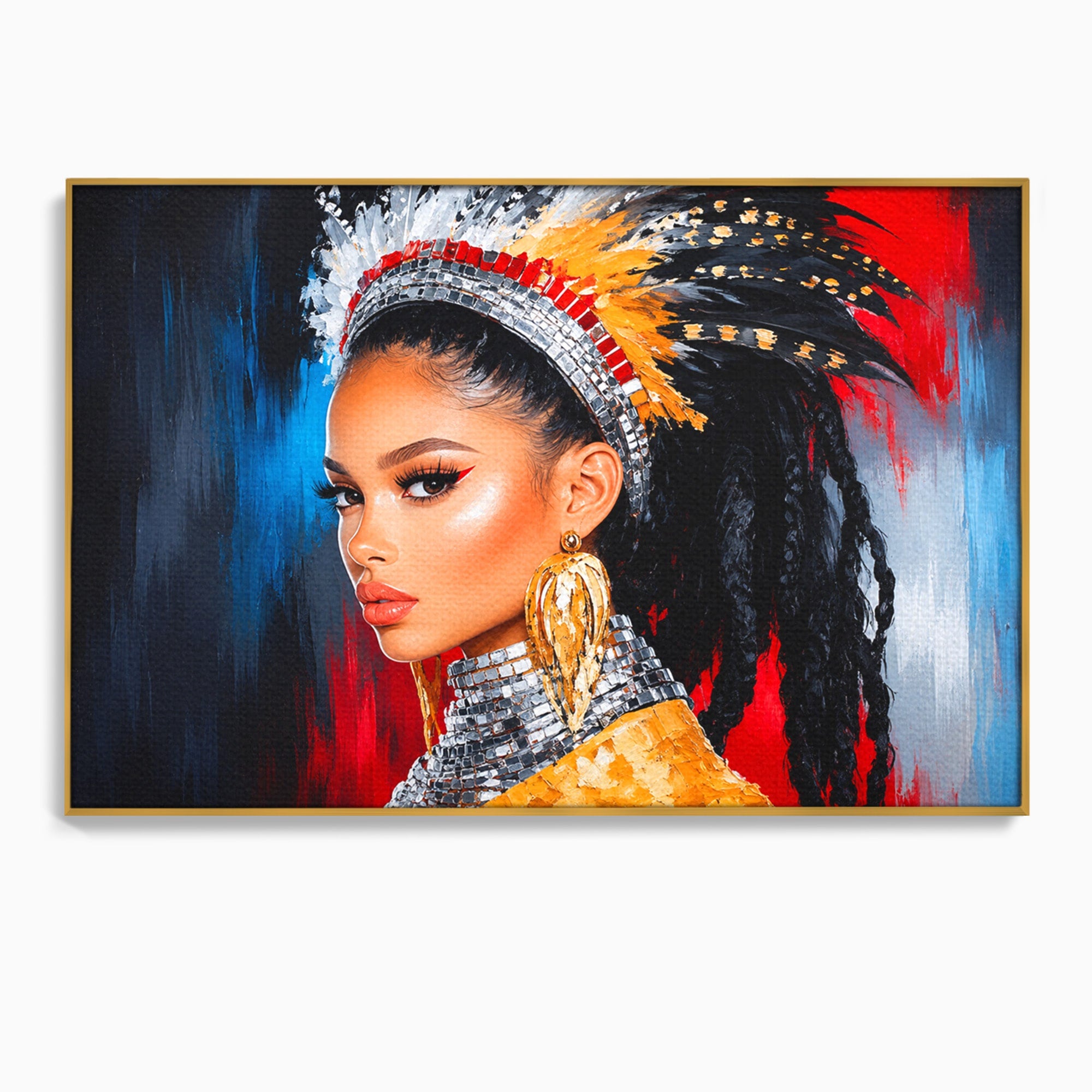 Tablou Canvas Premium LuxCanva® G1300, Femeie Cu Pene Colorate, Femeie, Portret, Pene, Exotic, Living, Culori Vibrante