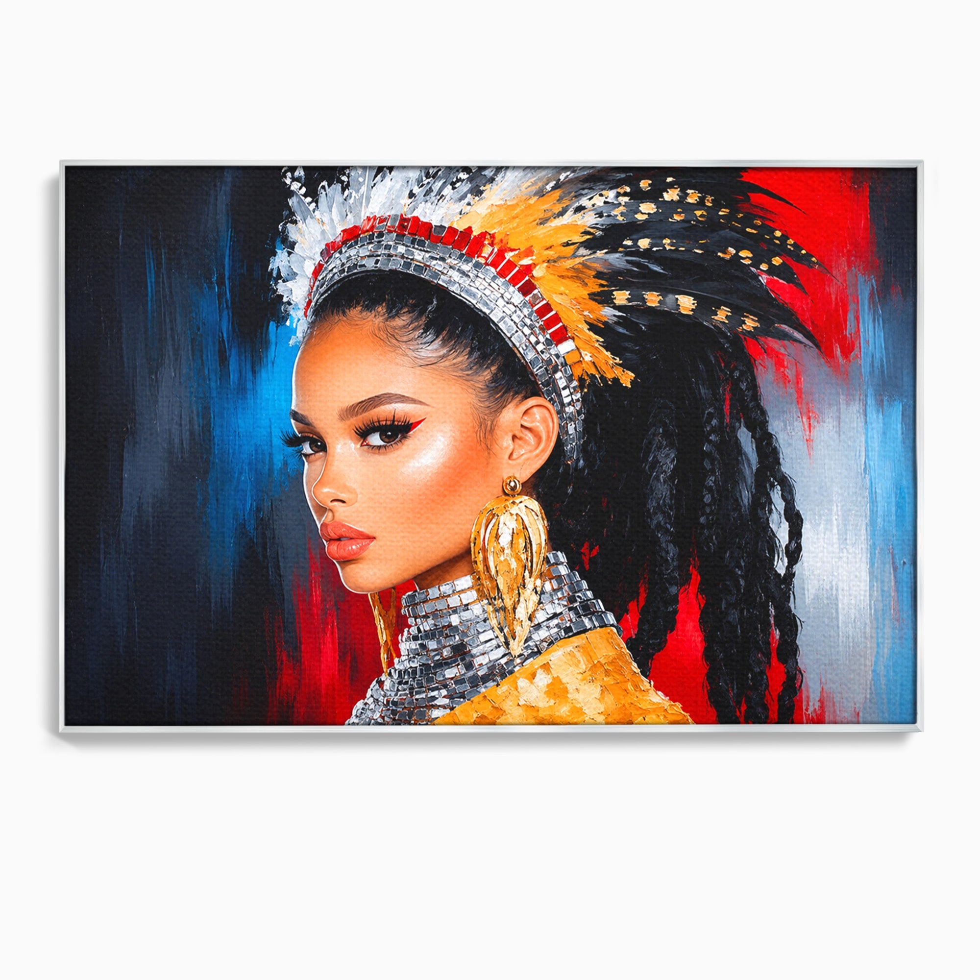 Tablou Canvas Premium LuxCanva® G1300, Femeie Cu Pene Colorate, Femeie, Portret, Pene, Exotic, Living, Culori Vibrante