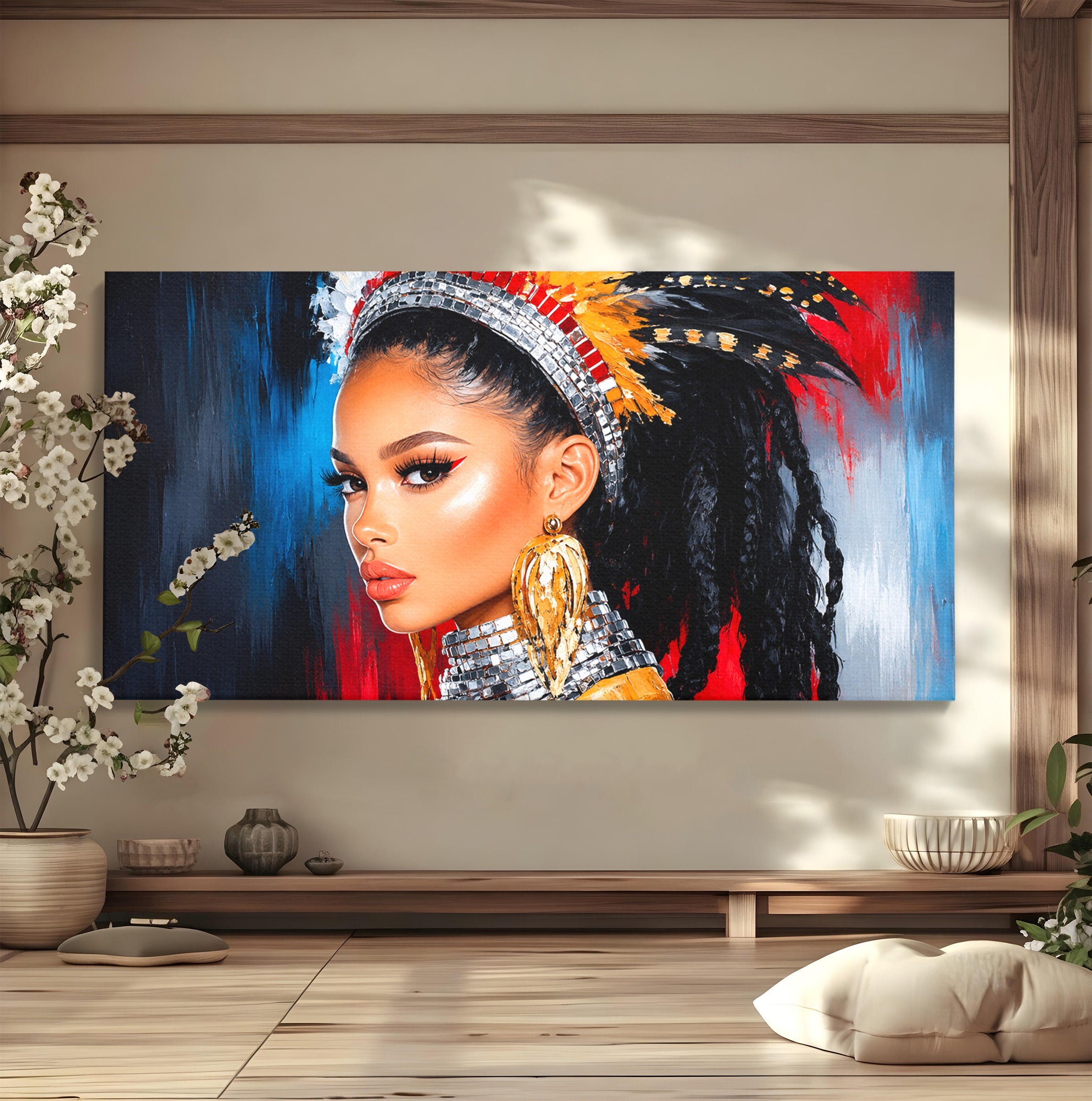 Tablou Canvas Premium LuxCanva® G1300, Femeie Cu Pene Colorate, Femeie, Portret, Pene, Exotic, Living, Culori Vibrante