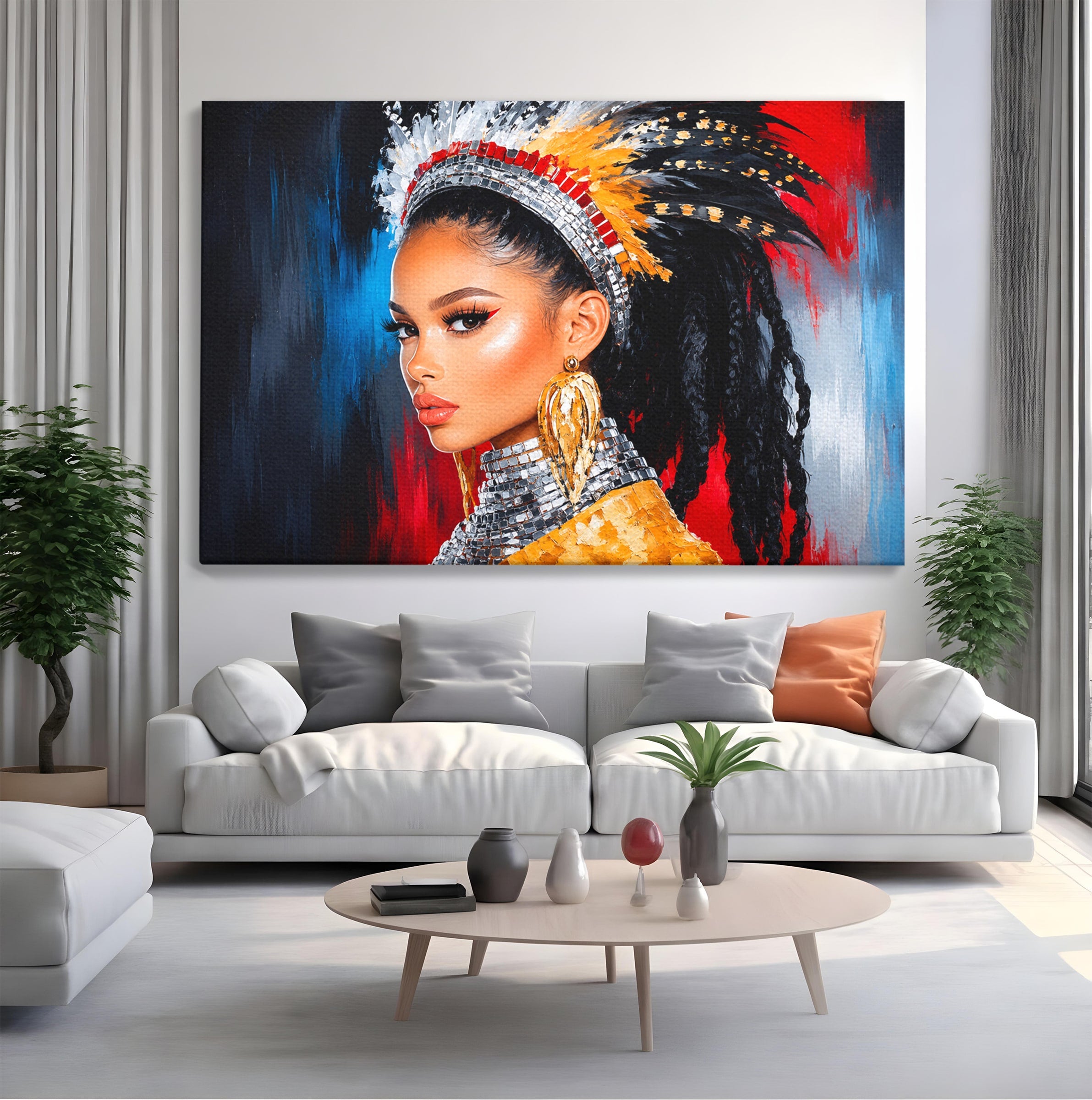 Tablou Canvas Premium LuxCanva® G1300, Femeie Cu Pene Colorate, Femeie, Portret, Pene, Exotic, Living, Culori Vibrante