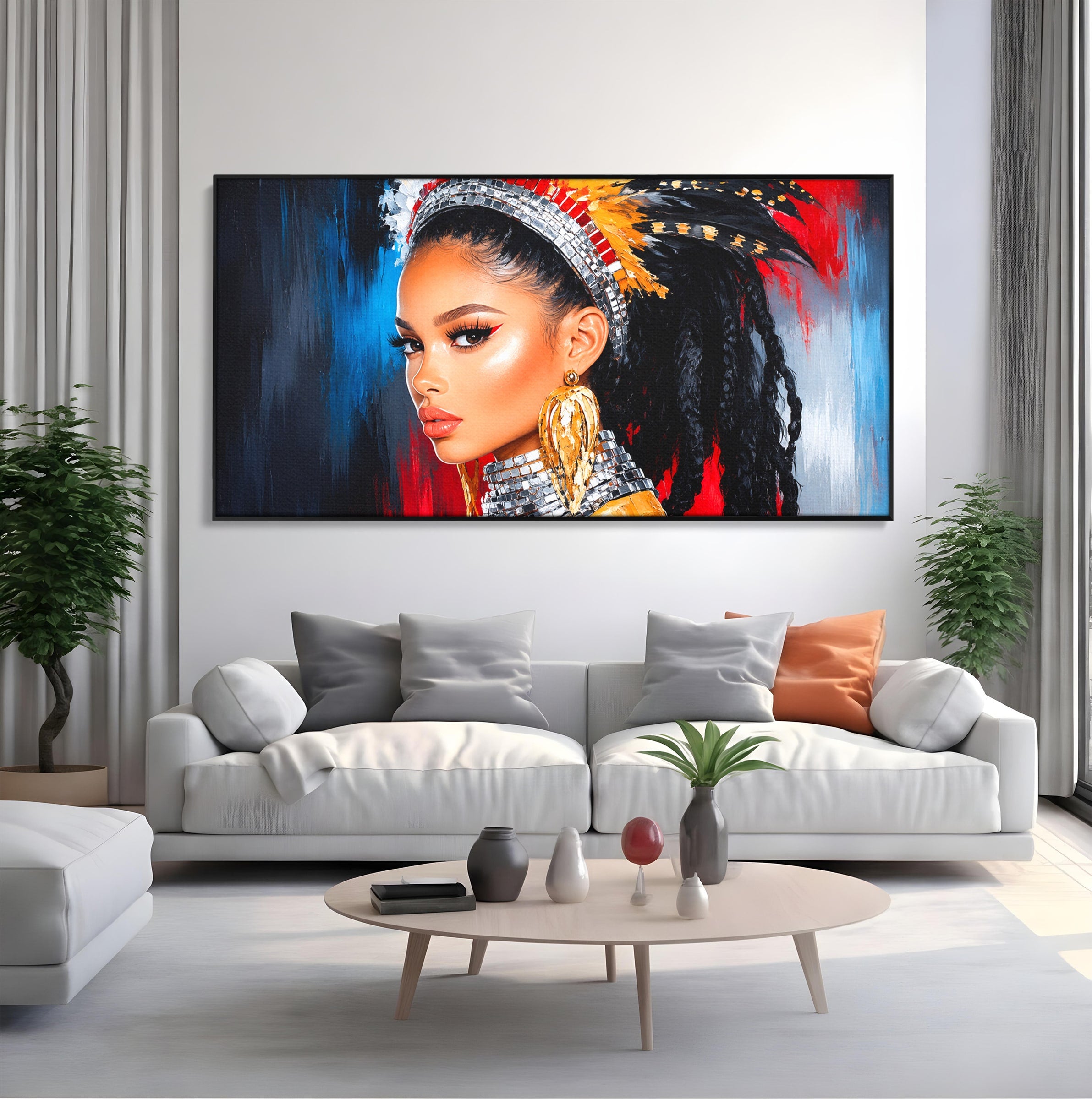Tablou Canvas Premium LuxCanva® G1300, Femeie Cu Pene Colorate, Femeie, Portret, Pene, Exotic, Living, Culori Vibrante