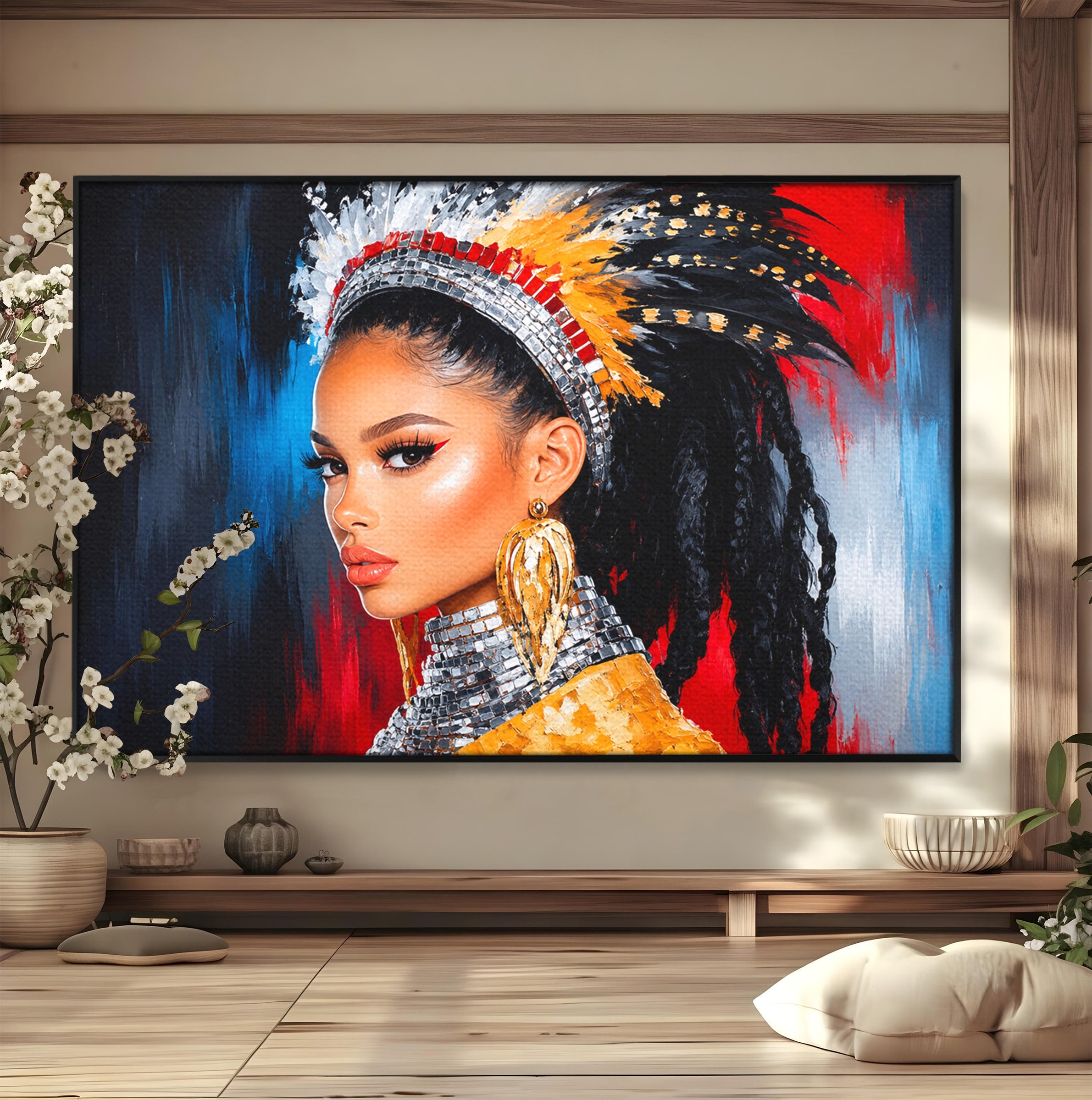Tablou Canvas Premium LuxCanva® G1300, Femeie Cu Pene Colorate, Femeie, Portret, Pene, Exotic, Living, Culori Vibrante