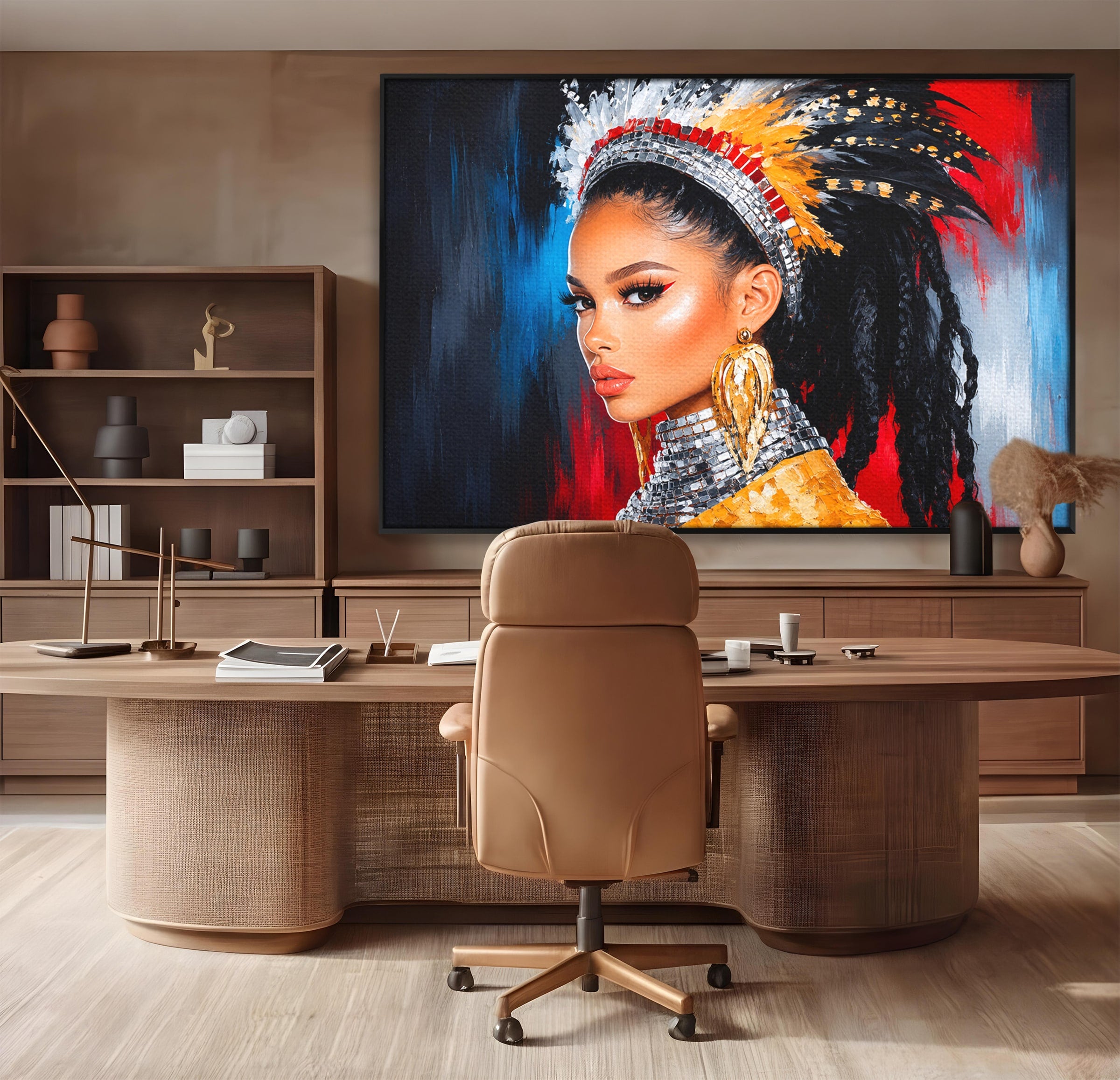 Tablou Canvas Premium LuxCanva® G1300, Femeie Cu Pene Colorate, Femeie, Portret, Pene, Exotic, Living, Culori Vibrante