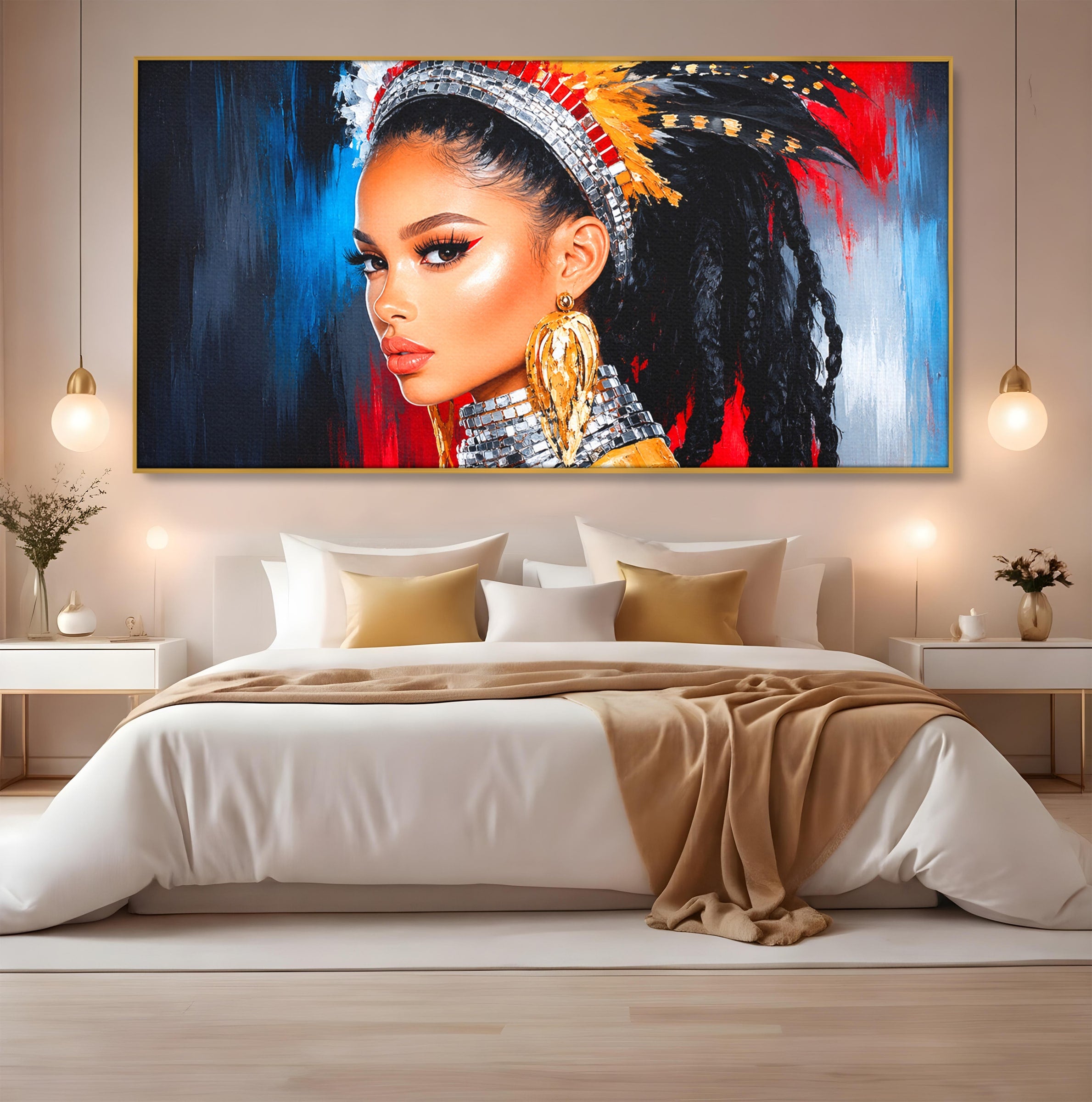 Tablou Canvas Premium LuxCanva® G1300, Femeie Cu Pene Colorate, Femeie, Portret, Pene, Exotic, Living, Culori Vibrante