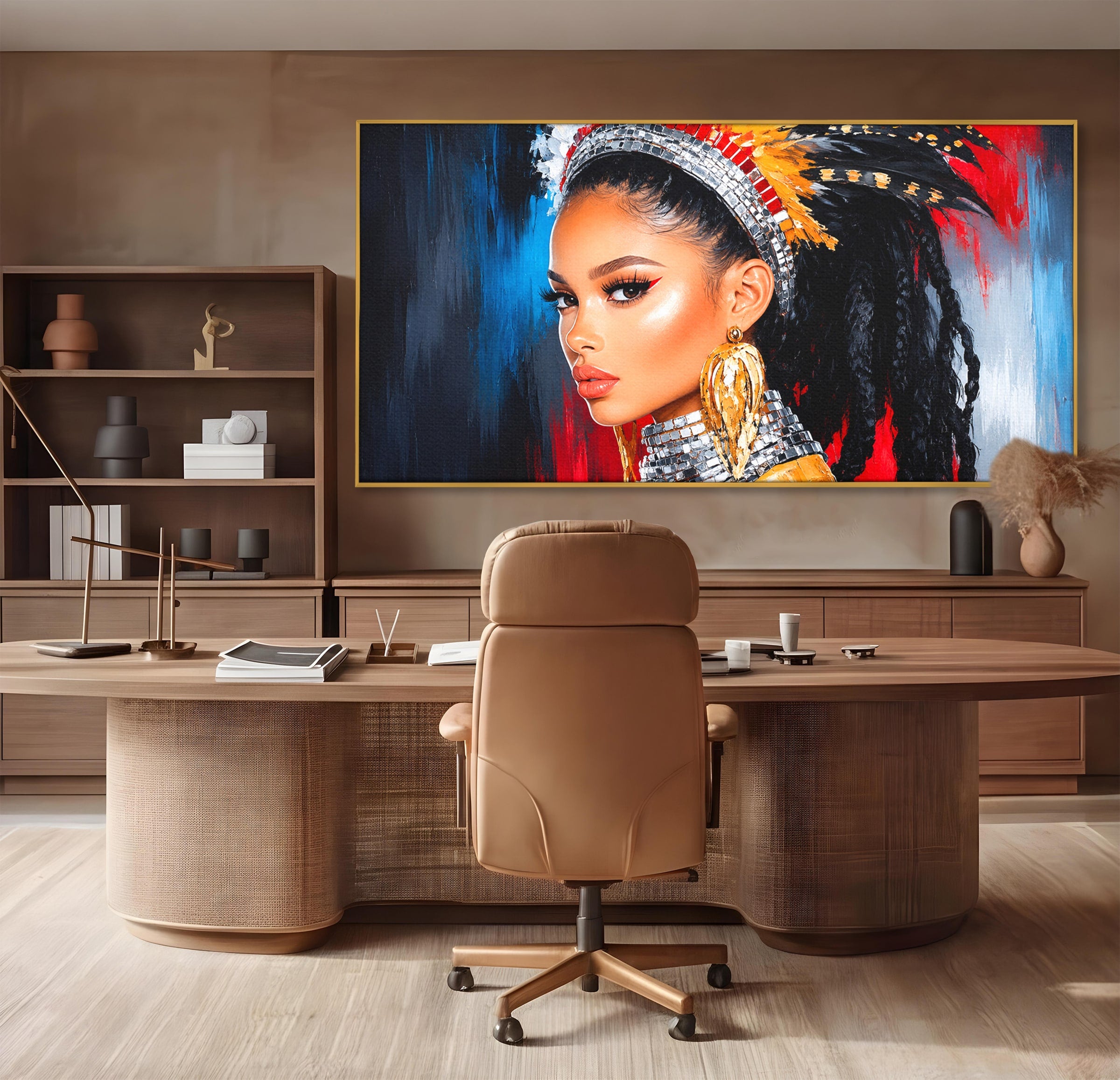 Tablou Canvas Premium LuxCanva® G1300, Femeie Cu Pene Colorate, Femeie, Portret, Pene, Exotic, Living, Culori Vibrante
