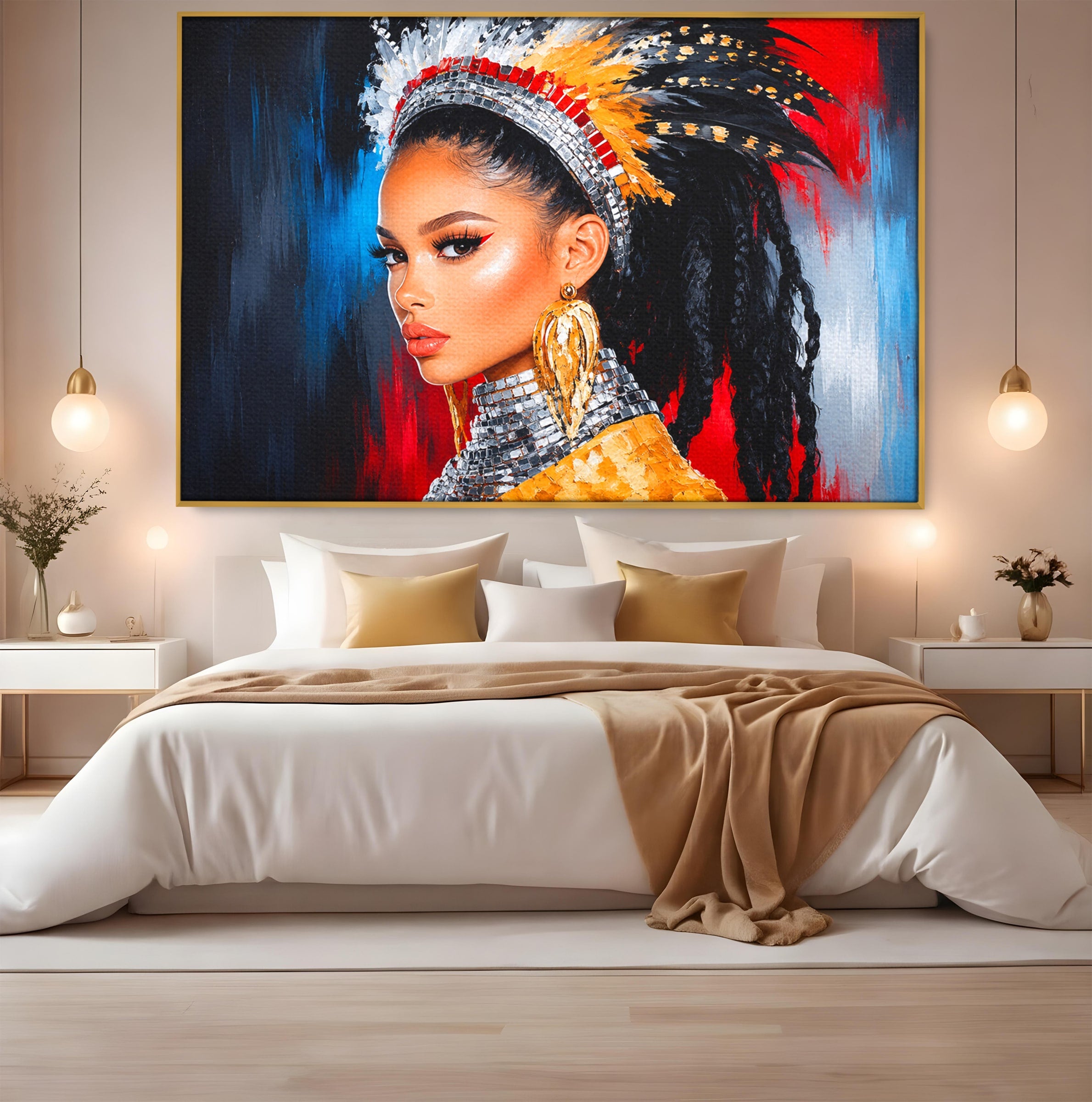 Tablou Canvas Premium LuxCanva® G1300, Femeie Cu Pene Colorate, Femeie, Portret, Pene, Exotic, Living, Culori Vibrante