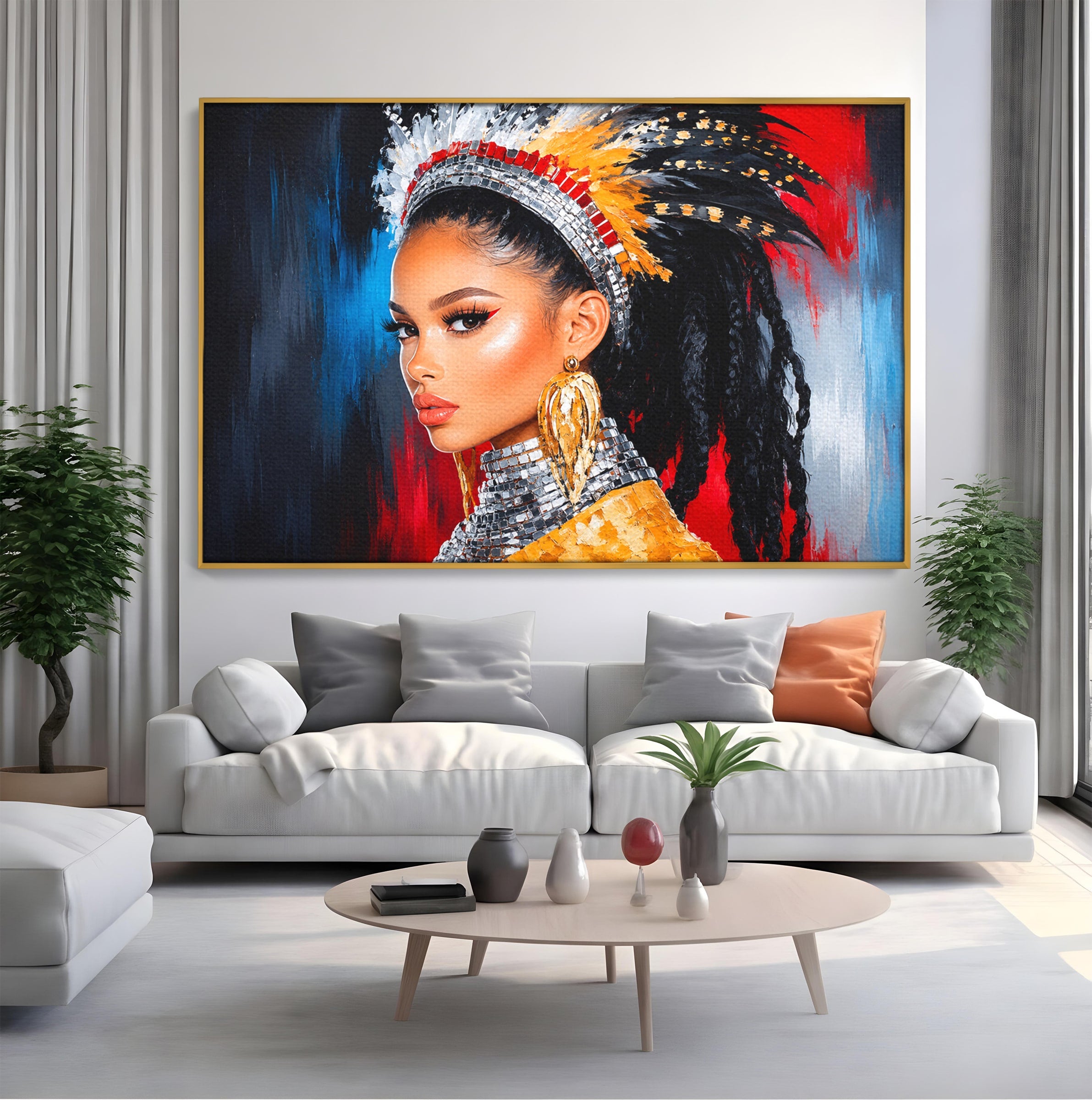 Tablou Canvas Premium LuxCanva® G1300, Femeie Cu Pene Colorate, Femeie, Portret, Pene, Exotic, Living, Culori Vibrante