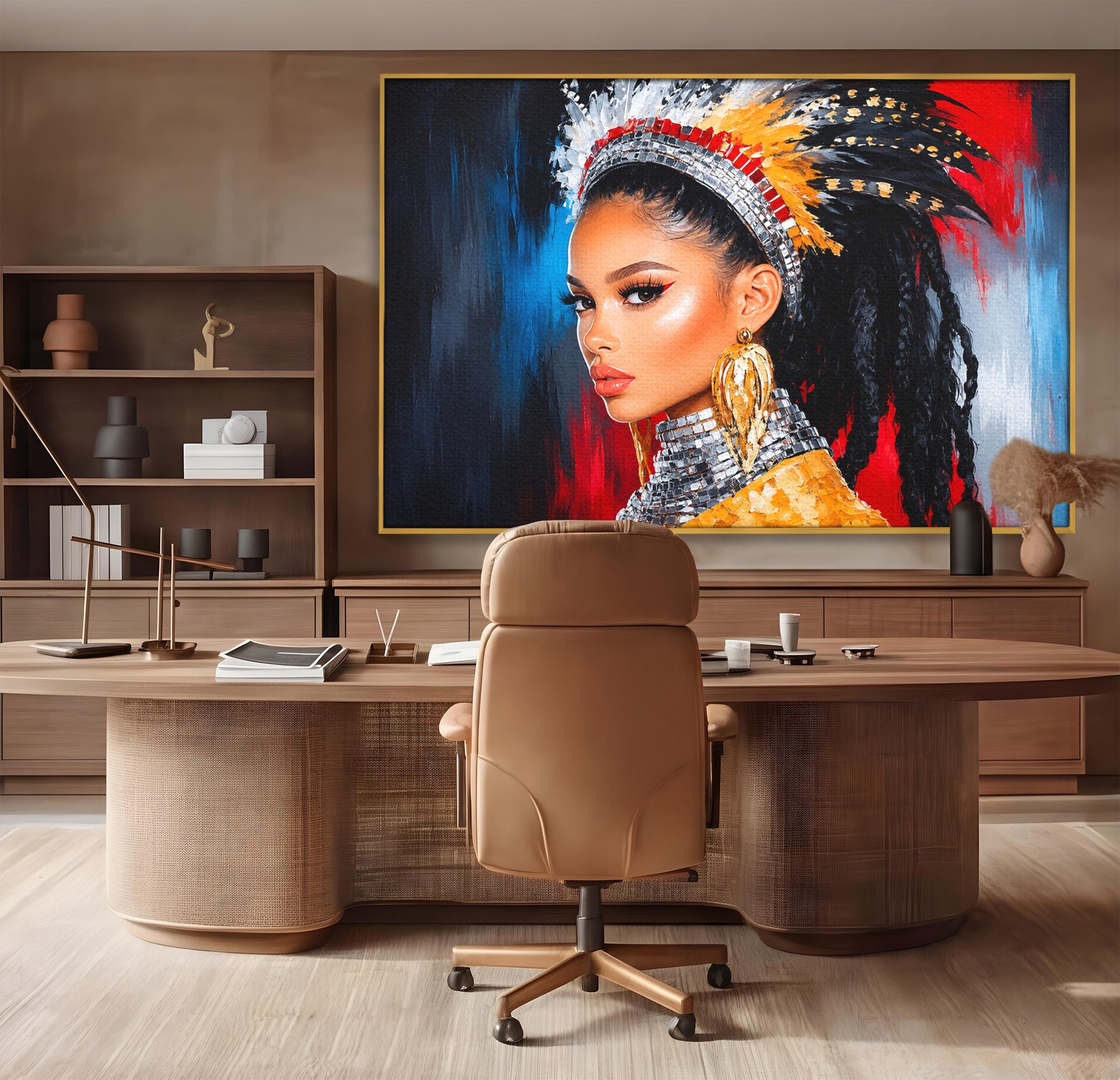 Tablou Canvas Premium LuxCanva® G1300, Femeie Cu Pene Colorate, Femeie, Portret, Pene, Exotic, Living, Culori Vibrante