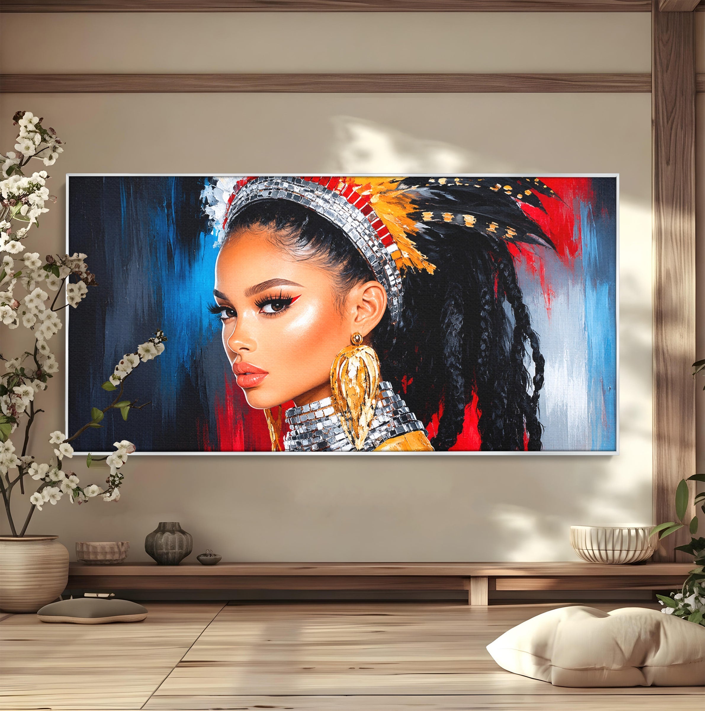 Tablou Canvas Premium LuxCanva® G1300, Femeie Cu Pene Colorate, Femeie, Portret, Pene, Exotic, Living, Culori Vibrante