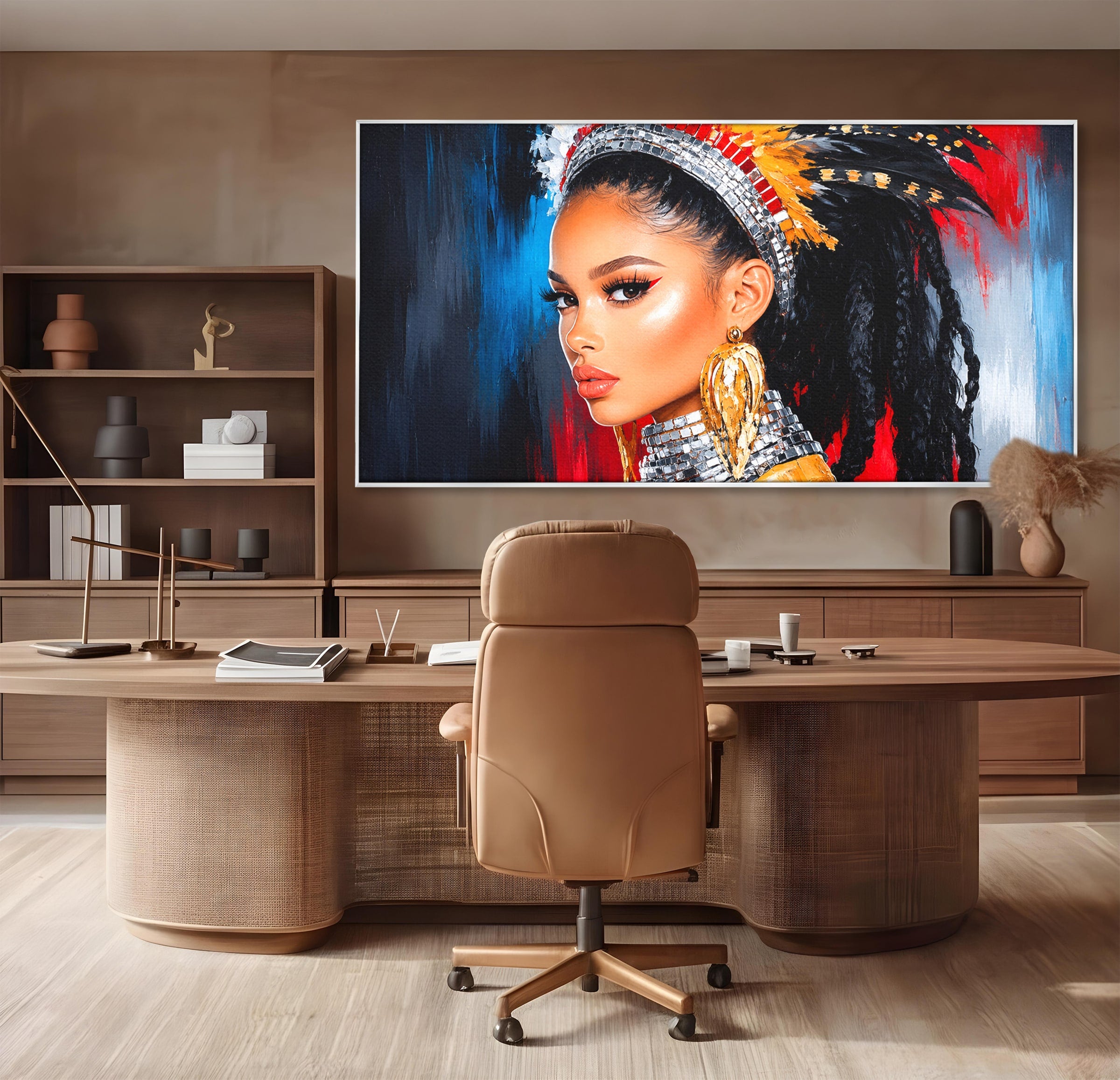 Tablou Canvas Premium LuxCanva® G1300, Femeie Cu Pene Colorate, Femeie, Portret, Pene, Exotic, Living, Culori Vibrante