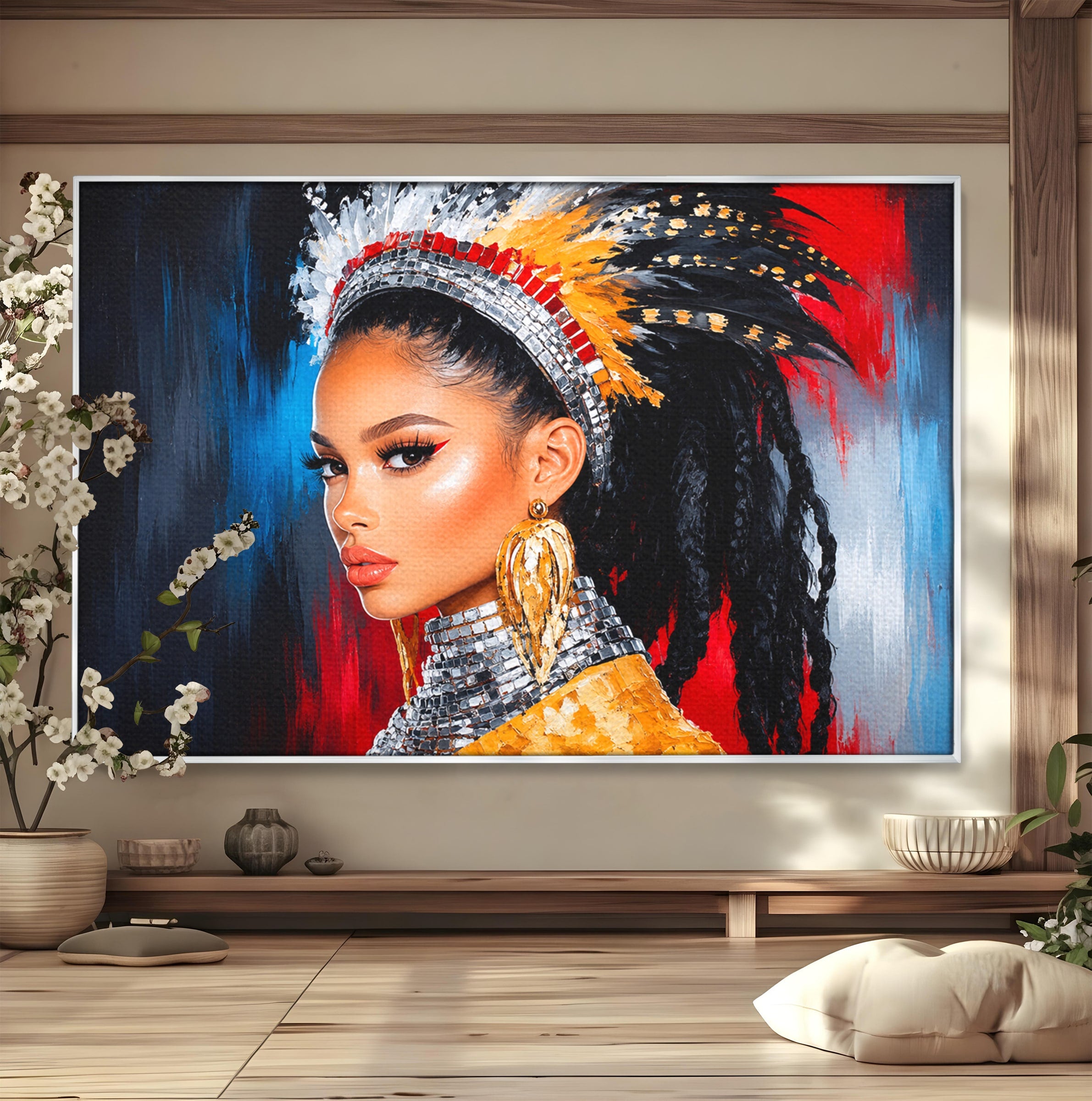 Tablou Canvas Premium LuxCanva® G1300, Femeie Cu Pene Colorate, Femeie, Portret, Pene, Exotic, Living, Culori Vibrante