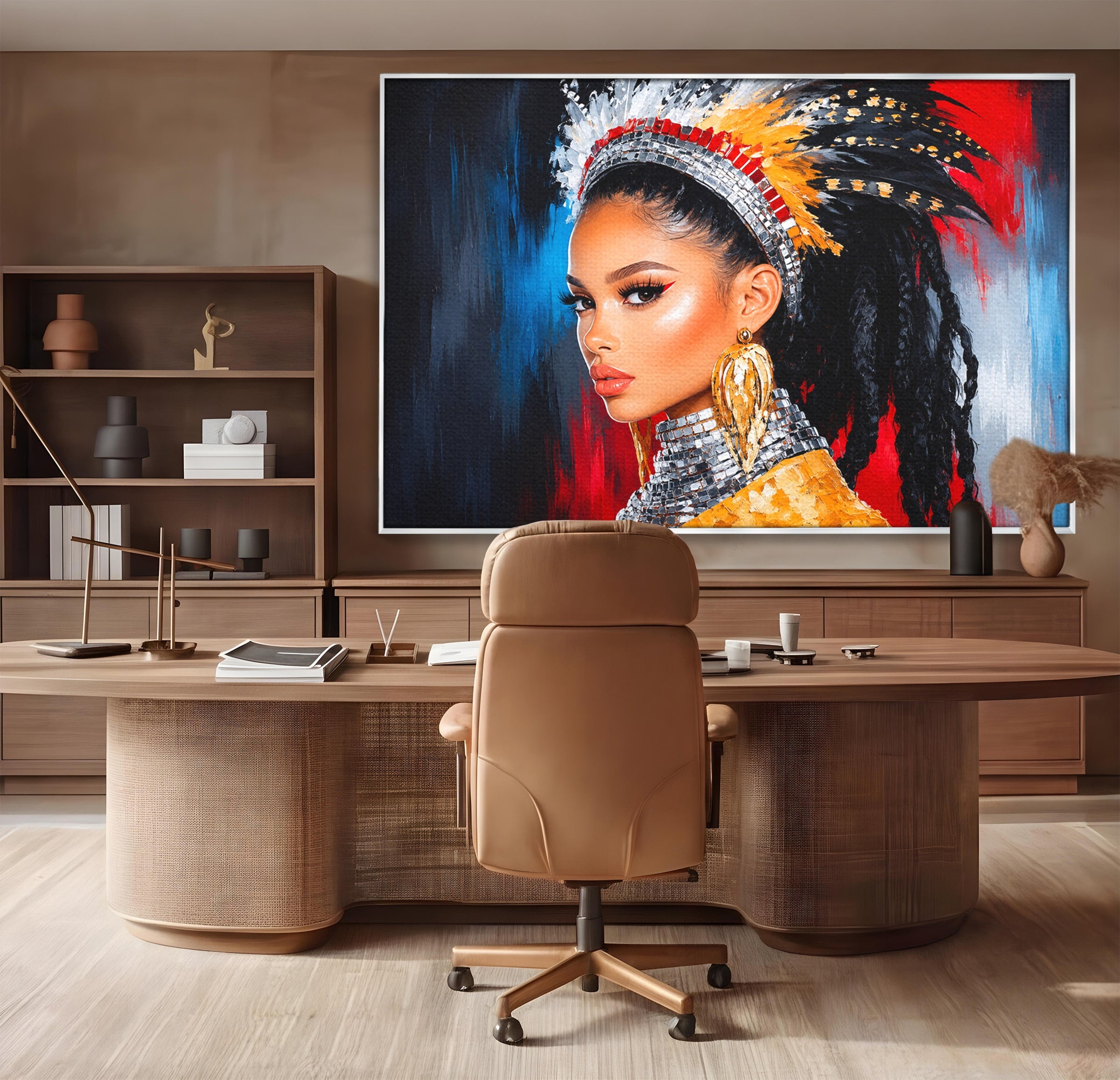 Tablou Canvas Premium LuxCanva® G1300, Femeie Cu Pene Colorate, Femeie, Portret, Pene, Exotic, Living, Culori Vibrante
