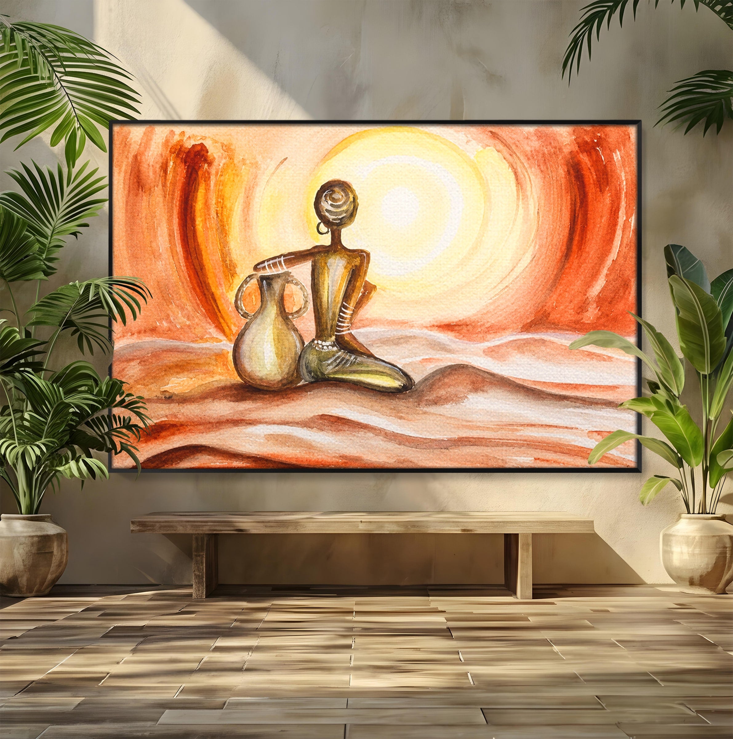 Tablou Canvas Premium LuxCanva® GL1070, Caldura Desertului, Silueta, Vas, Soare, Desert, Living, Dormitor, Culori Vibrante