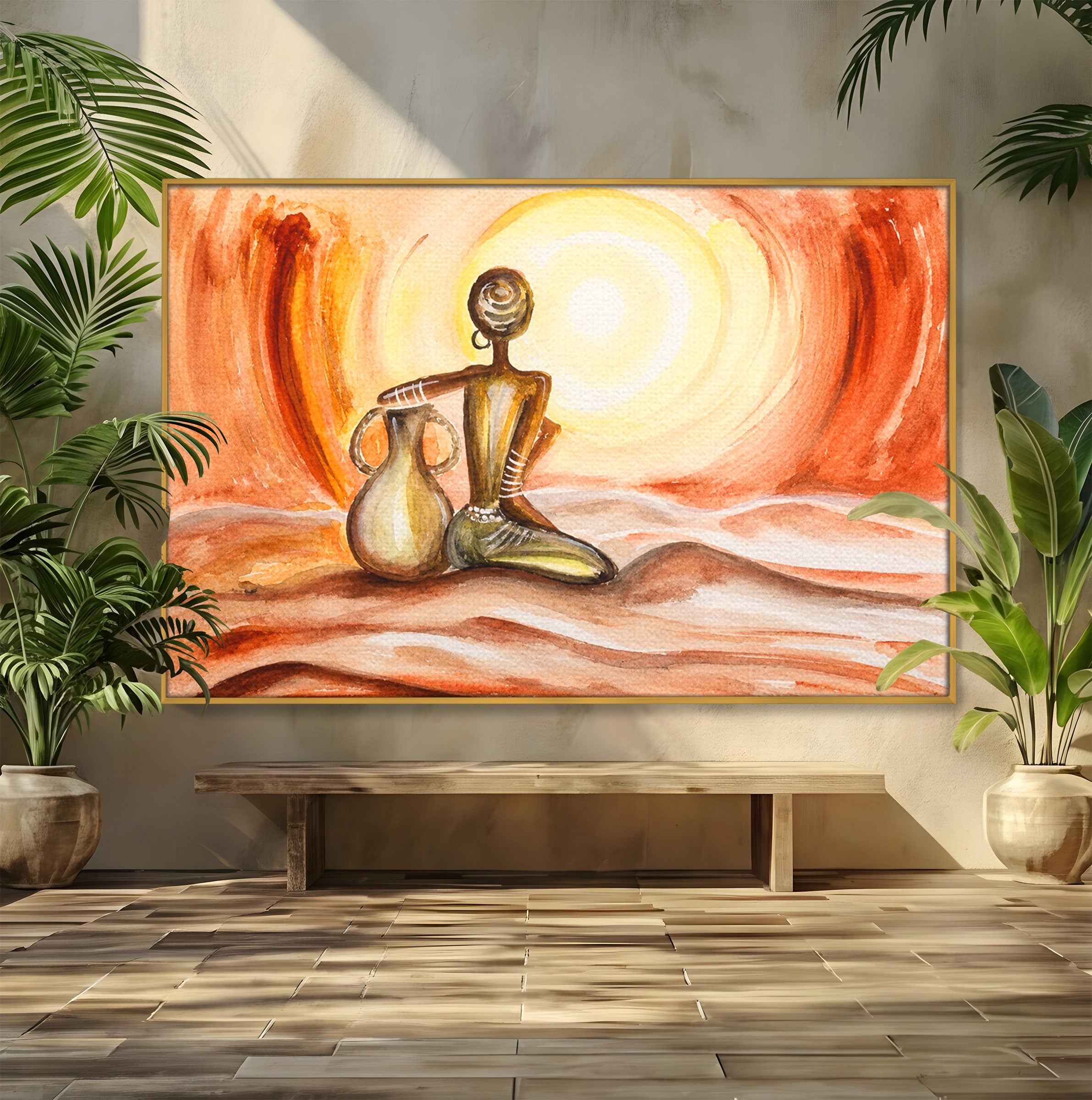 Tablou Canvas Premium LuxCanva® GL1070, Caldura Desertului, Silueta, Vas, Soare, Desert, Living, Dormitor, Culori Vibrante