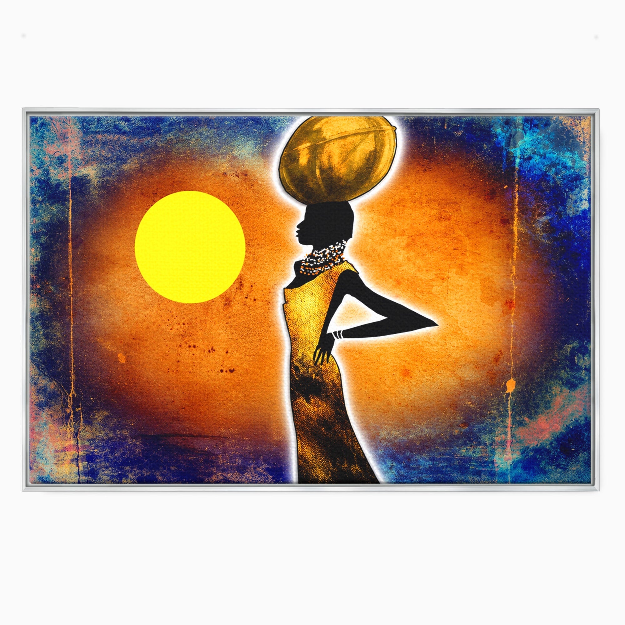 Tablou Canvas Premium LuxCanva® GL1071, Femeia Solara, Siluetă, Africa, Soare, Artă Modernă, Dormitor, Culori Vibrante