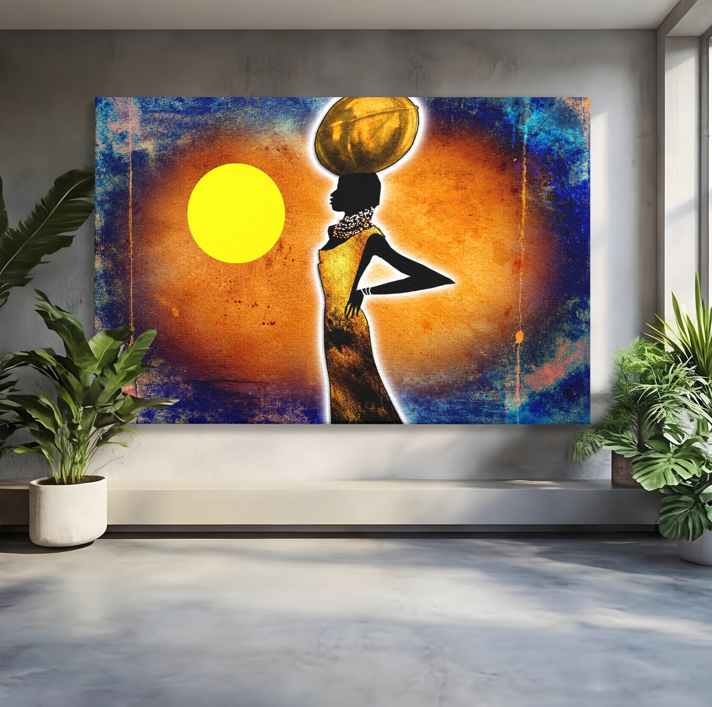 Tablou Canvas Premium LuxCanva® GL1071, Femeia Solara, Siluetă, Africa, Soare, Artă Modernă, Dormitor, Culori Vibrante