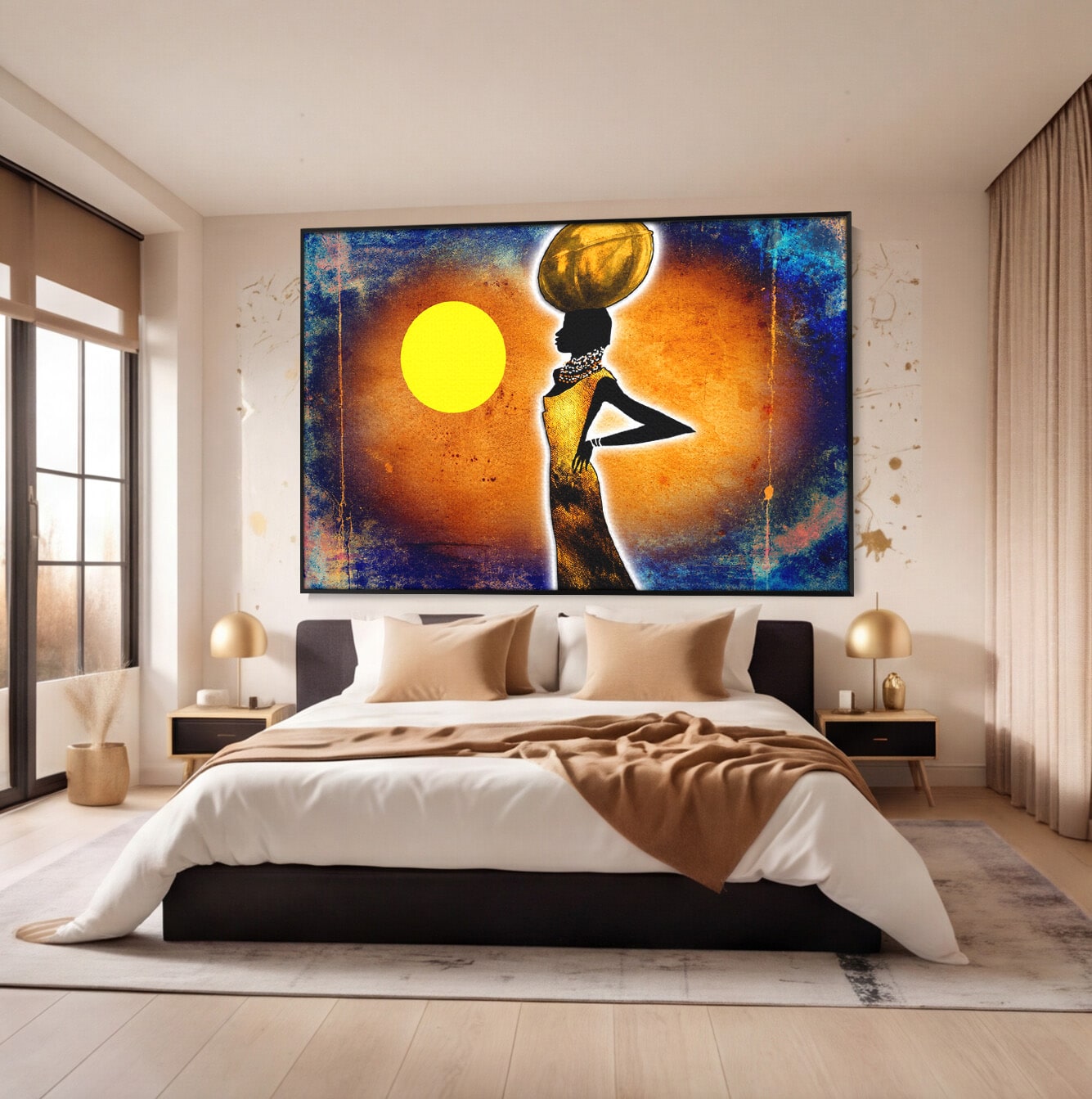 Tablou Canvas Premium LuxCanva® GL1071, Femeia Solara, Siluetă, Africa, Soare, Artă Modernă, Dormitor, Culori Vibrante