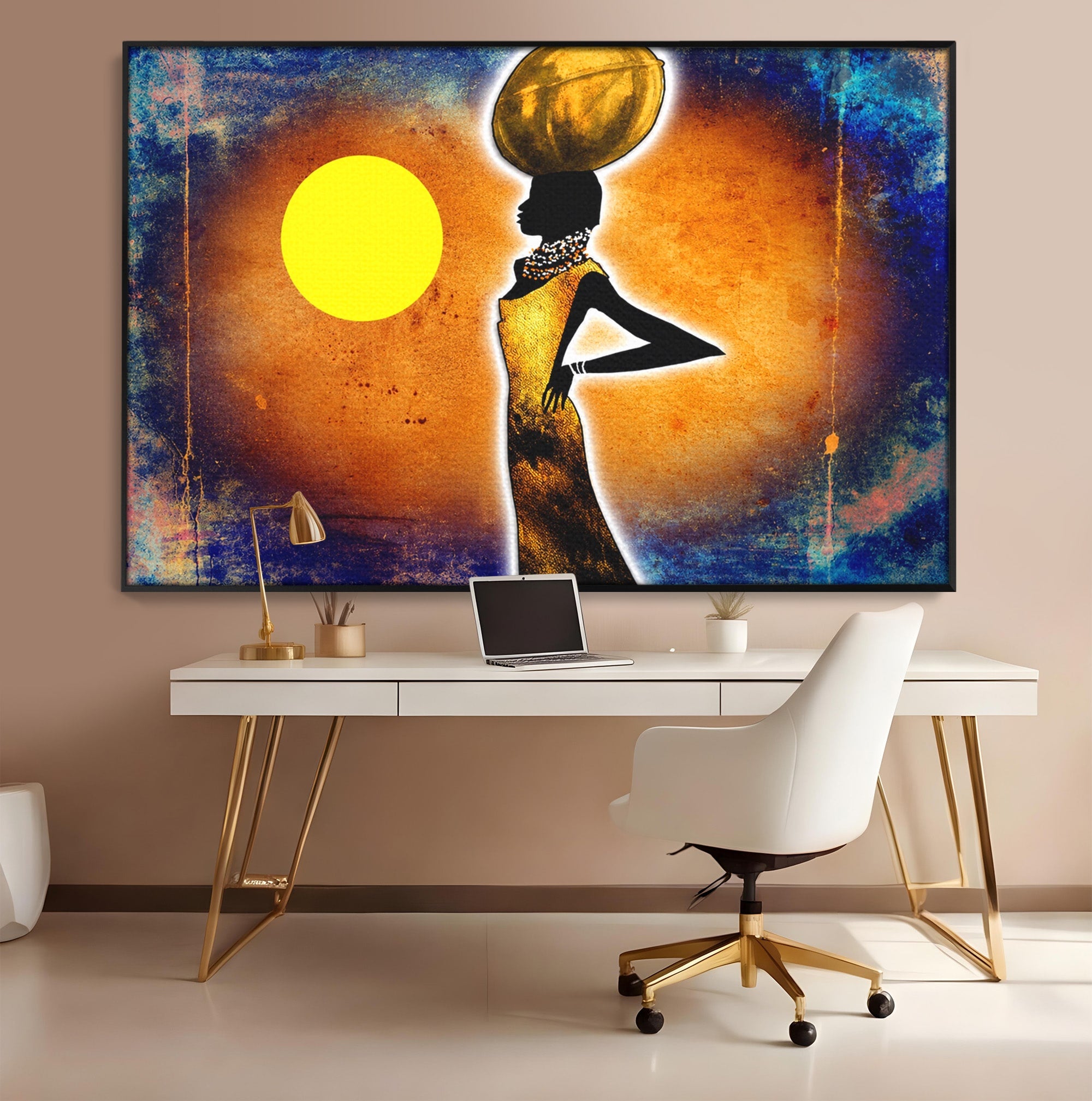 Tablou Canvas Premium LuxCanva® GL1071, Femeia Solara, Siluetă, Africa, Soare, Artă Modernă, Dormitor, Culori Vibrante