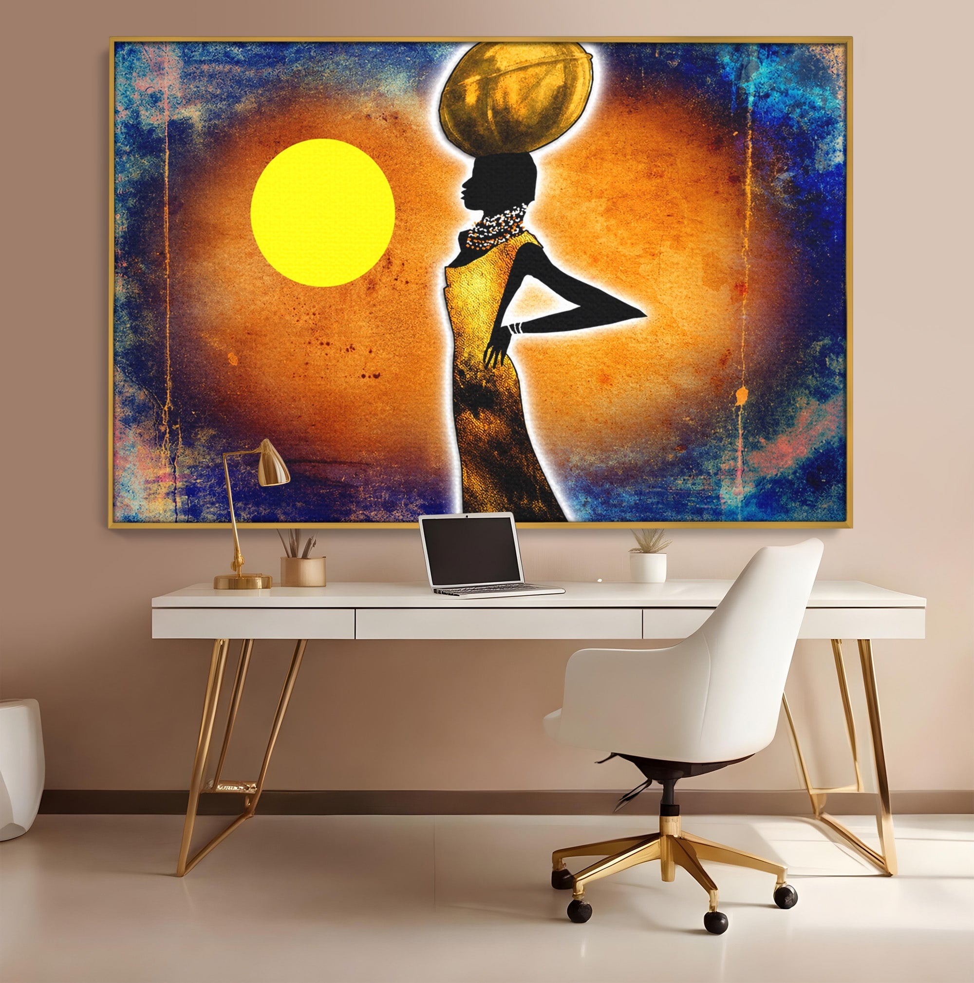 Tablou Canvas Premium LuxCanva® GL1071, Femeia Solara, Siluetă, Africa, Soare, Artă Modernă, Dormitor, Culori Vibrante