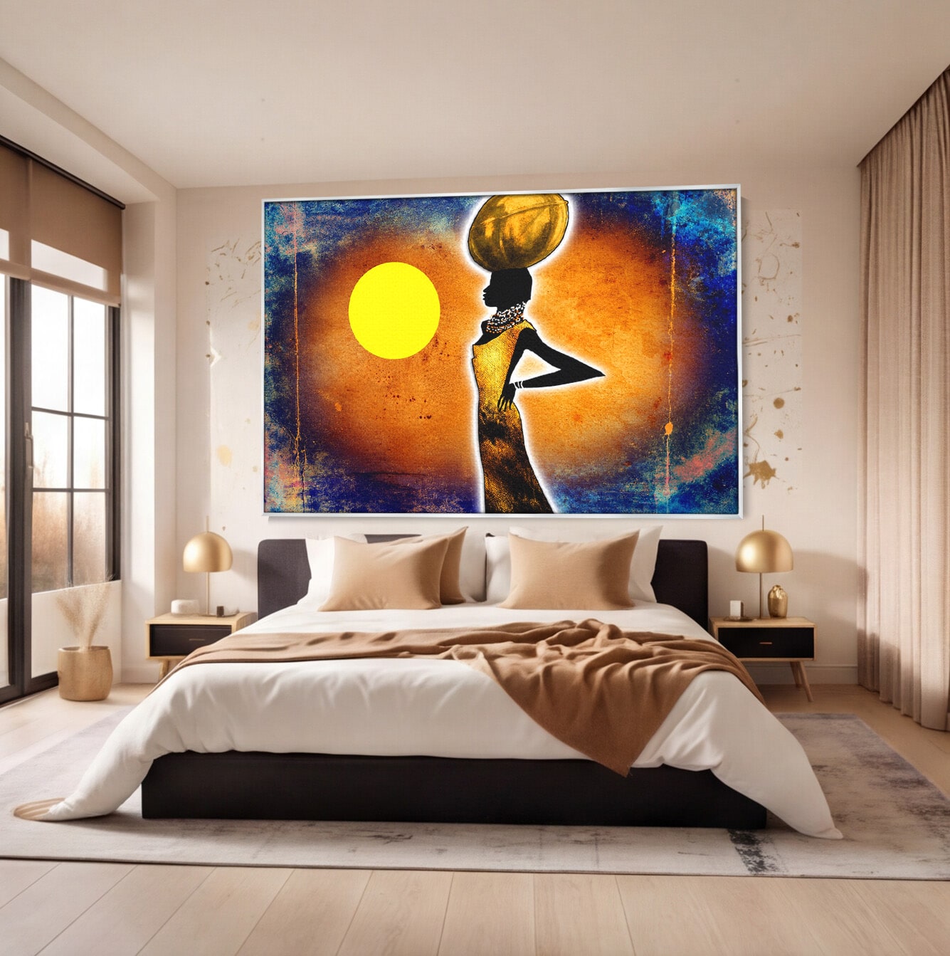 Tablou Canvas Premium LuxCanva® GL1071, Femeia Solara, Siluetă, Africa, Soare, Artă Modernă, Dormitor, Culori Vibrante