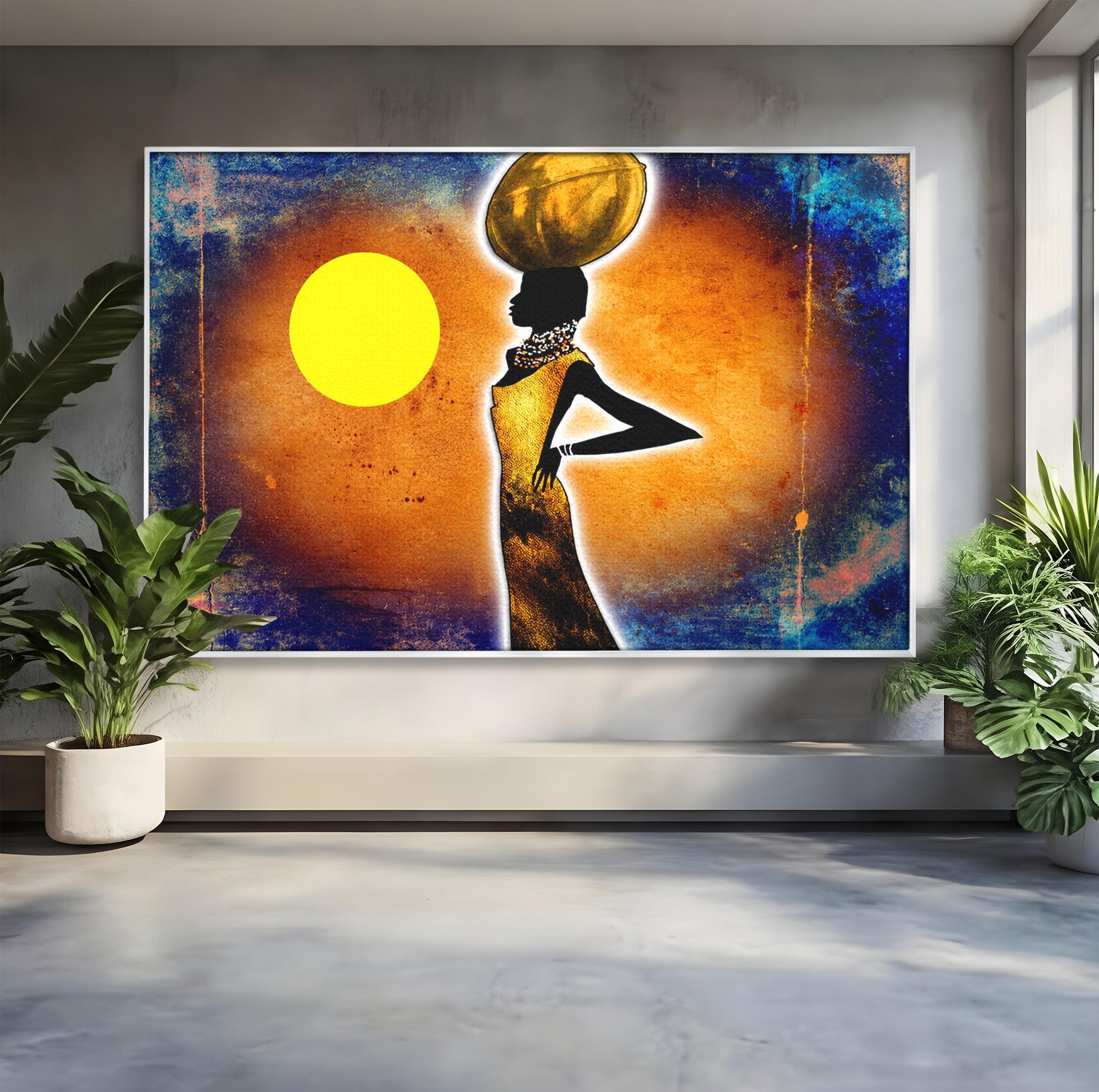Tablou Canvas Premium LuxCanva® GL1071, Femeia Solara, Siluetă, Africa, Soare, Artă Modernă, Dormitor, Culori Vibrante