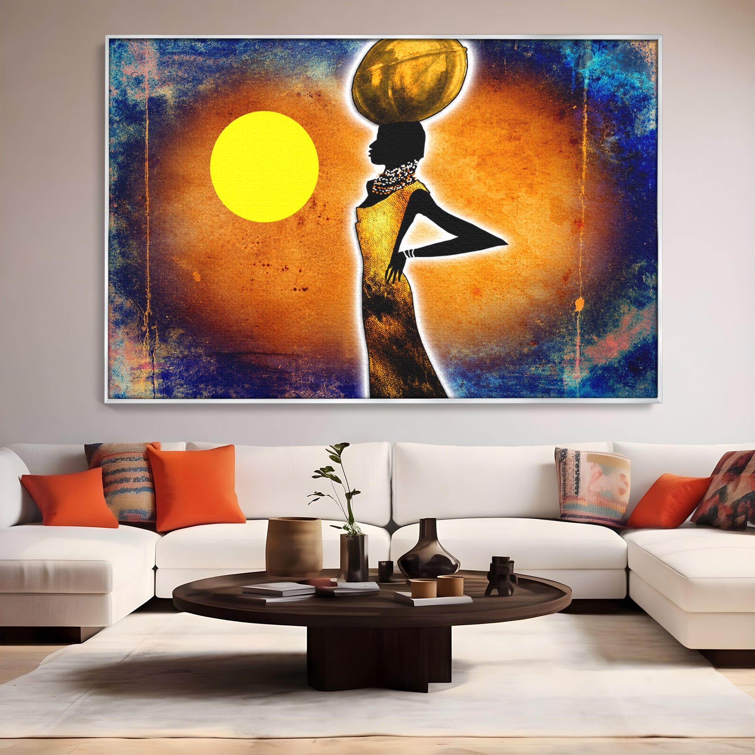 Tablou Canvas Premium LuxCanva® GL1071, Femeia Solara, Siluetă, Africa, Soare, Artă Modernă, Dormitor, Culori Vibrante
