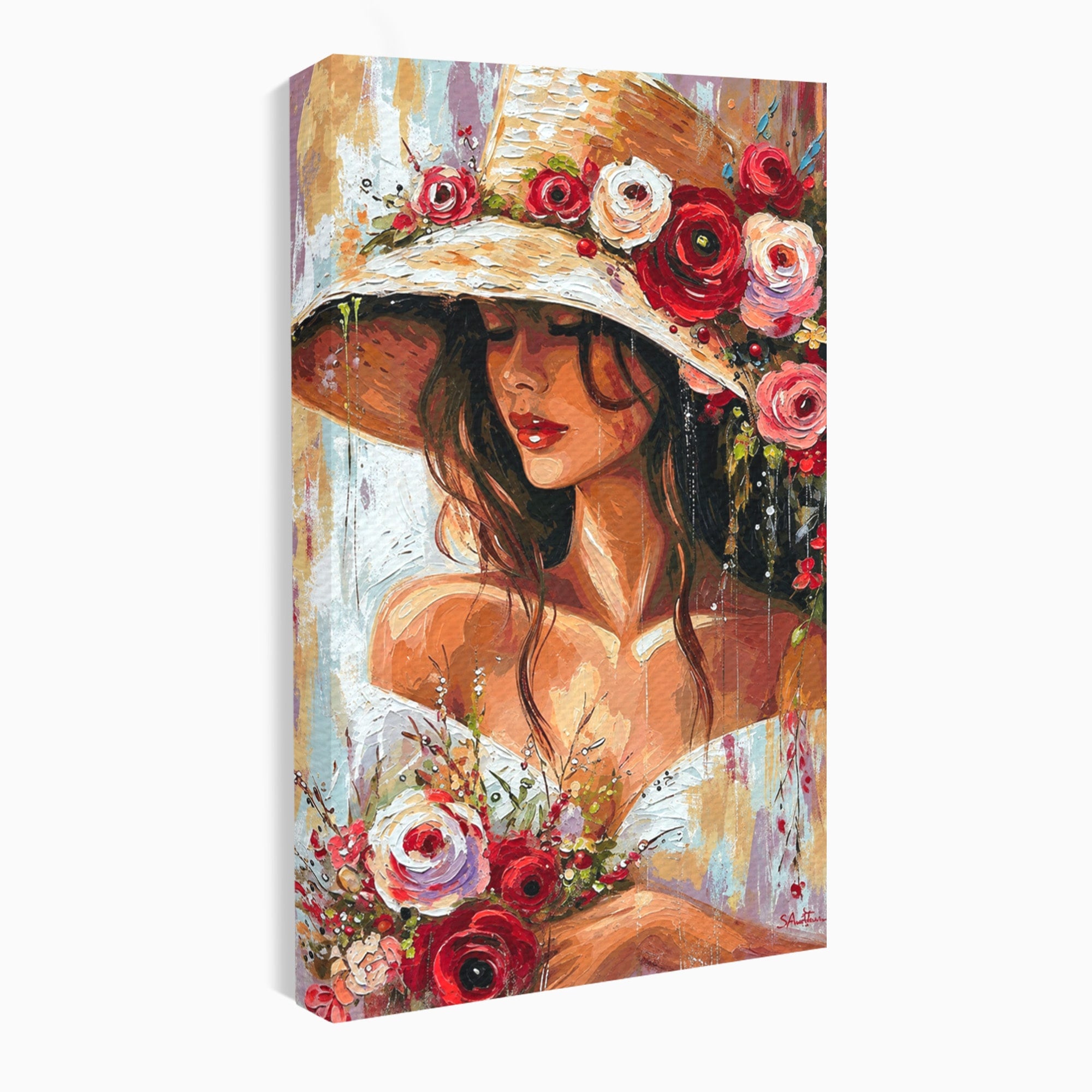 Tablou Canvas Premium LuxCanva® GV1050, Tandretea Florilor, Femeie, Flori, Portret, Eleganta, Dormitor, Living, Culori Vibrante