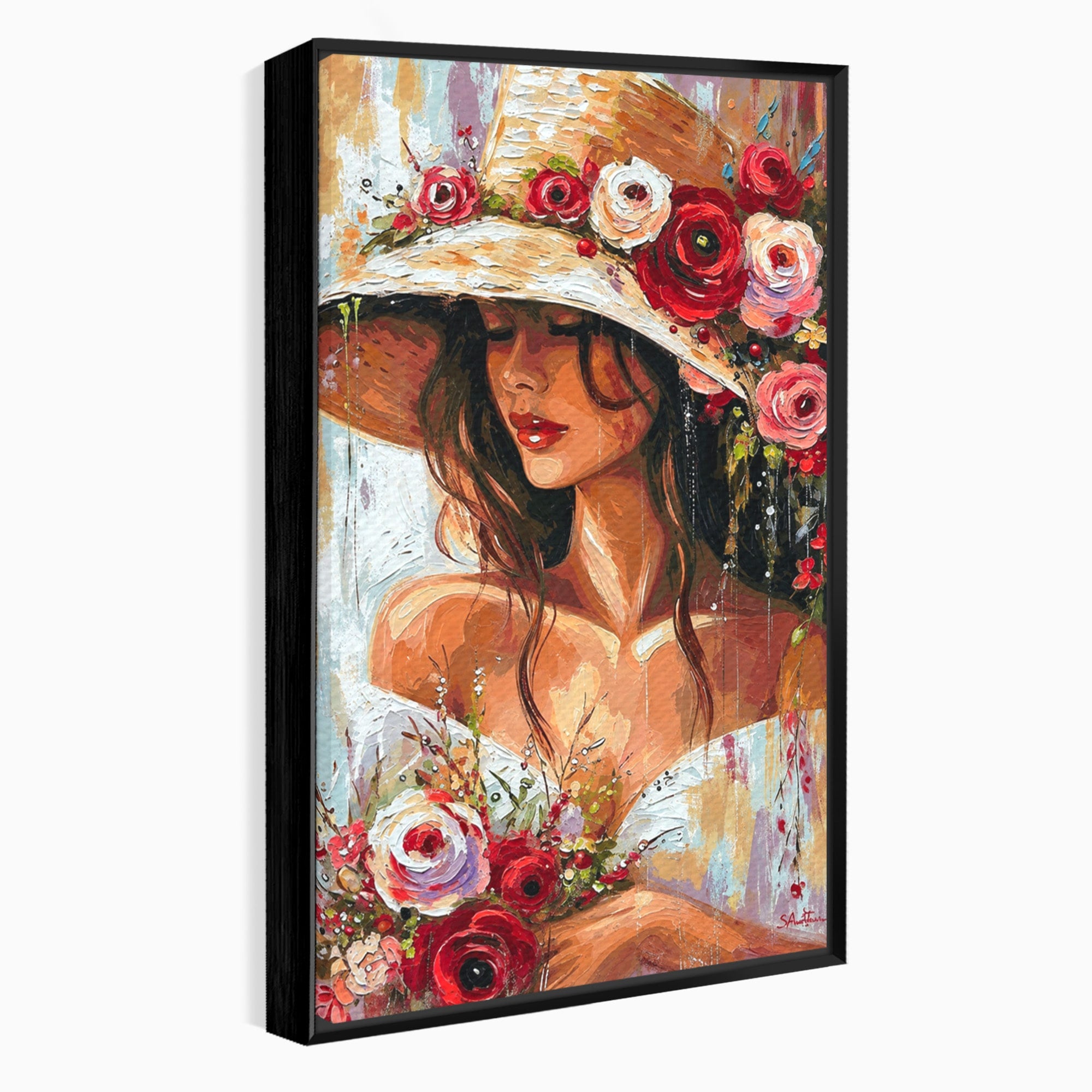 Tablou Canvas Premium LuxCanva® GV1050, Tandretea Florilor, Femeie, Flori, Portret, Eleganta, Dormitor, Living, Culori Vibrante