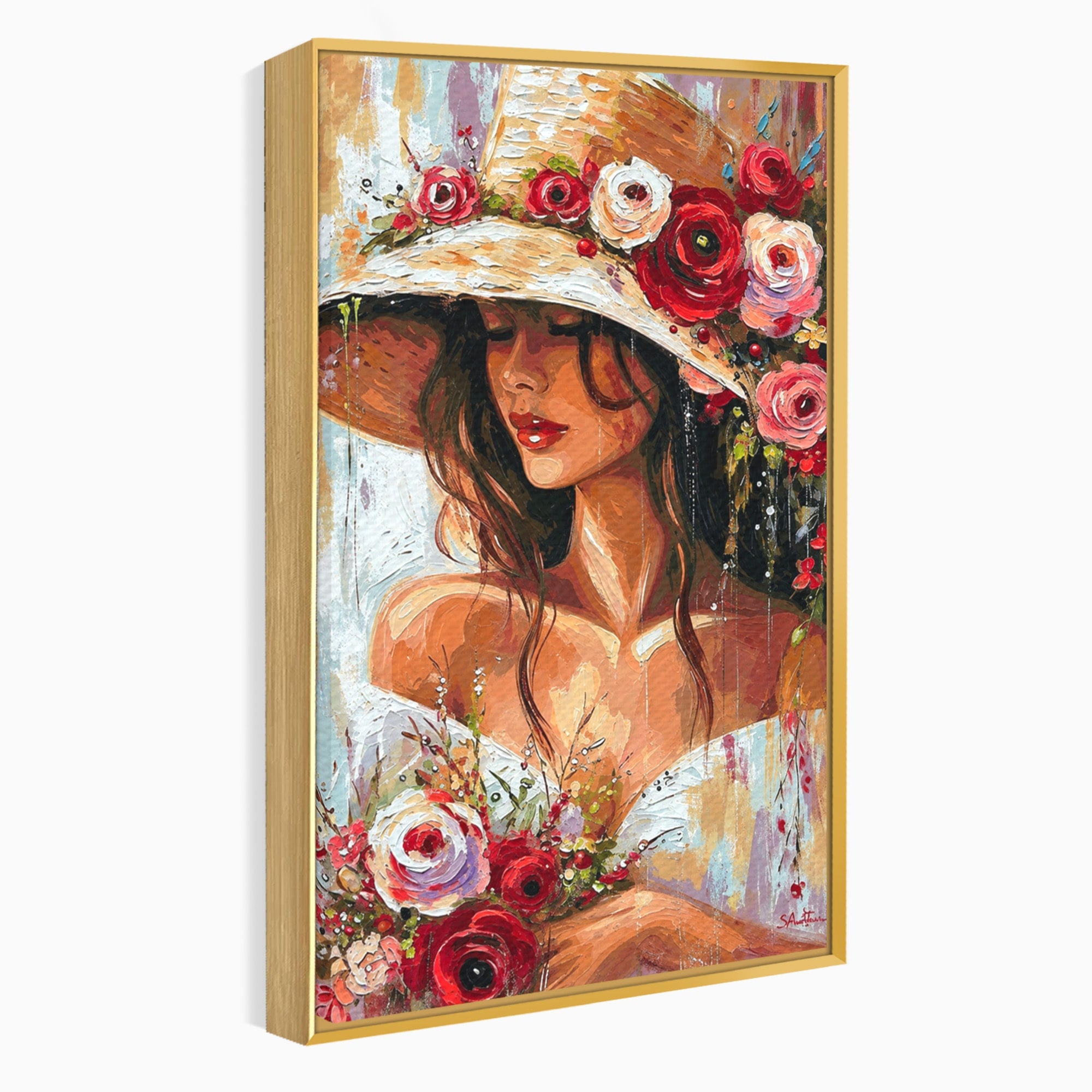 Tablou Canvas Premium LuxCanva® GV1050, Tandretea Florilor, Femeie, Flori, Portret, Eleganta, Dormitor, Living, Culori Vibrante